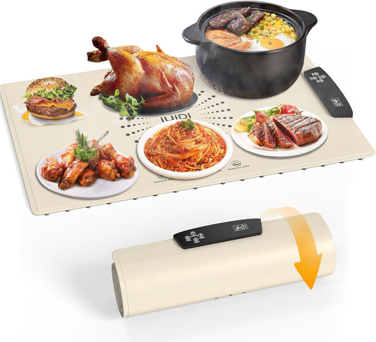 Food Warming Mat, IUIPI Electric Warming Tray with 7 Temperature Settings 2-12H Timer and Child-Lock Fast Full Surface Heating Roll Up Food Warmers for Parties Buffet Gatherings Countertop