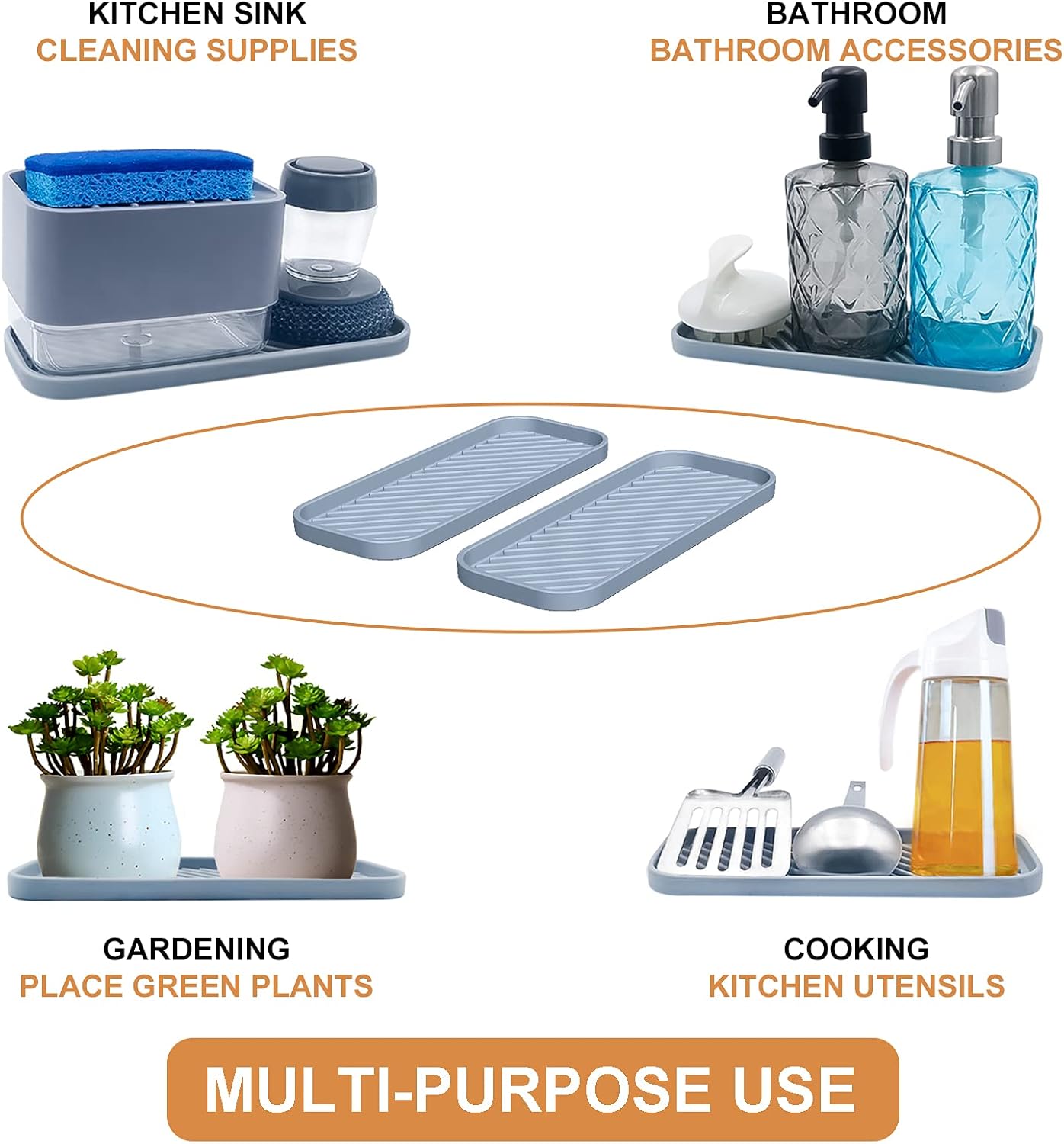 Silicone Organizer Tray, Soap and Sponge Holder for Kitchen Sink, Bathroom - Storage Tray for Dish Brush, Soap Dispenser, Dishwashing Accessories- 2 Pack (Gray)