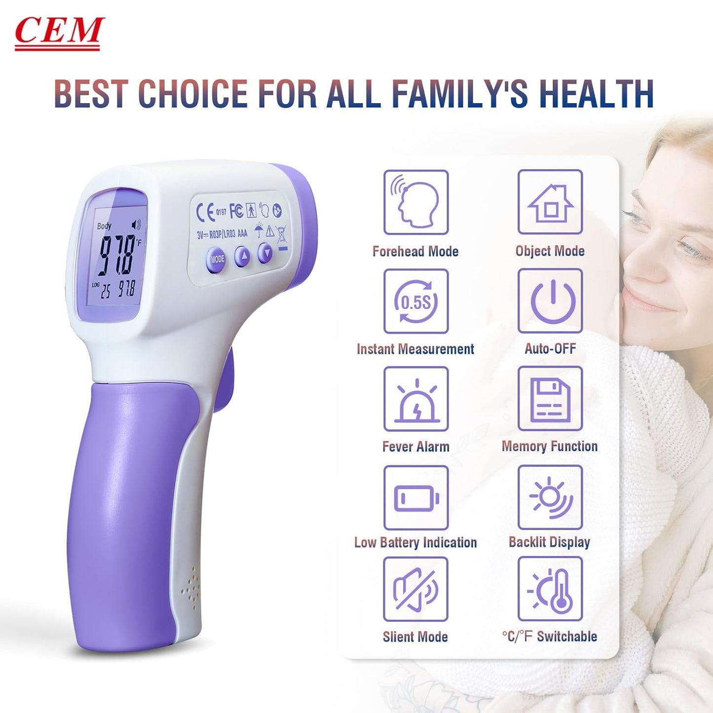 CEM DT-8806 Digital Thermometer for Adults and Kids, No Touch Forehead Thermometer for Baby, 2 in 1 Body Surface Mode Infrared Thermometer with Fever Alarm and Instant Accuracy Readings, Purple