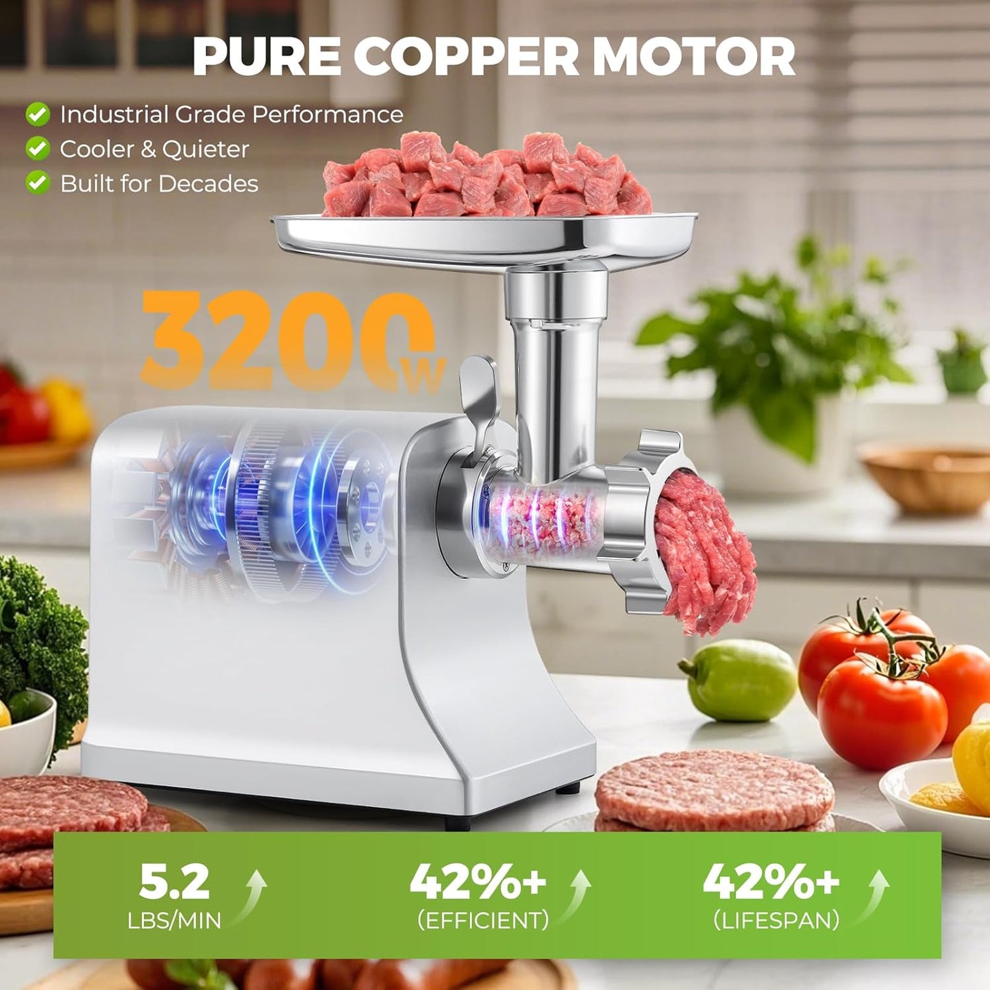 Electric Meat Grinder 3200w Commercial Heavy Duty Metal Gearbox Meat Grinder and Sausage Stuffers, Kubbe Kit for Household Use & Commercial