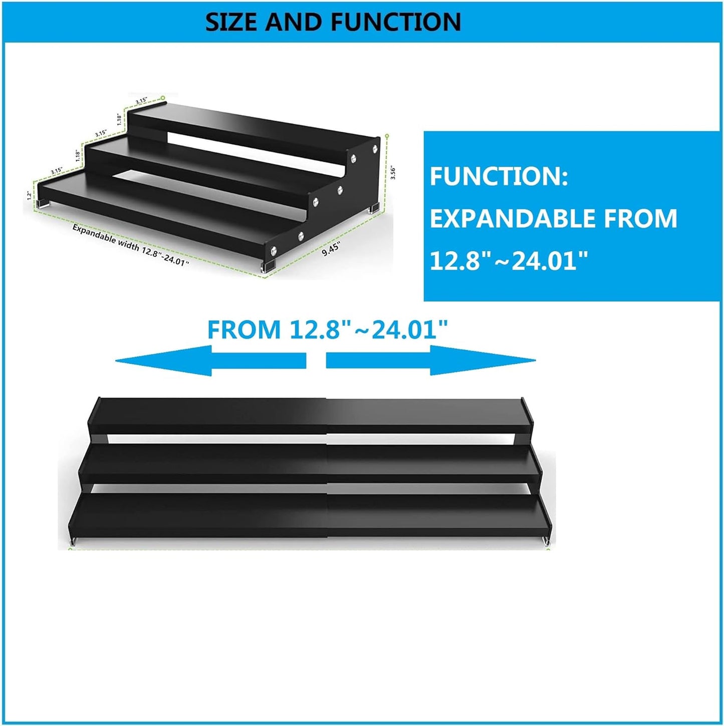 Expandable Spice Rack Storge organizer with 3-Tier step shelf for cabinet,seasoning racks organizion.Great for Kitchen countertop shelves,Pantry and more(2packs/Black)