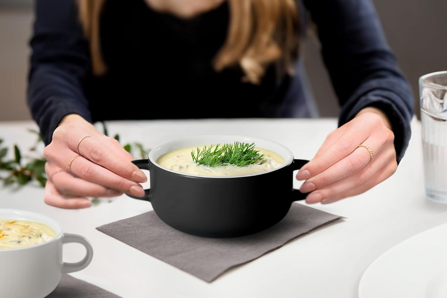 Kook Soup Crocks, Ceramic Bowls, Broil, Oven, Microwave and Dishwasher Safe, with Handles, For Casserole, Pasta, Cereal, 18 oz, Set of 4 (Black)