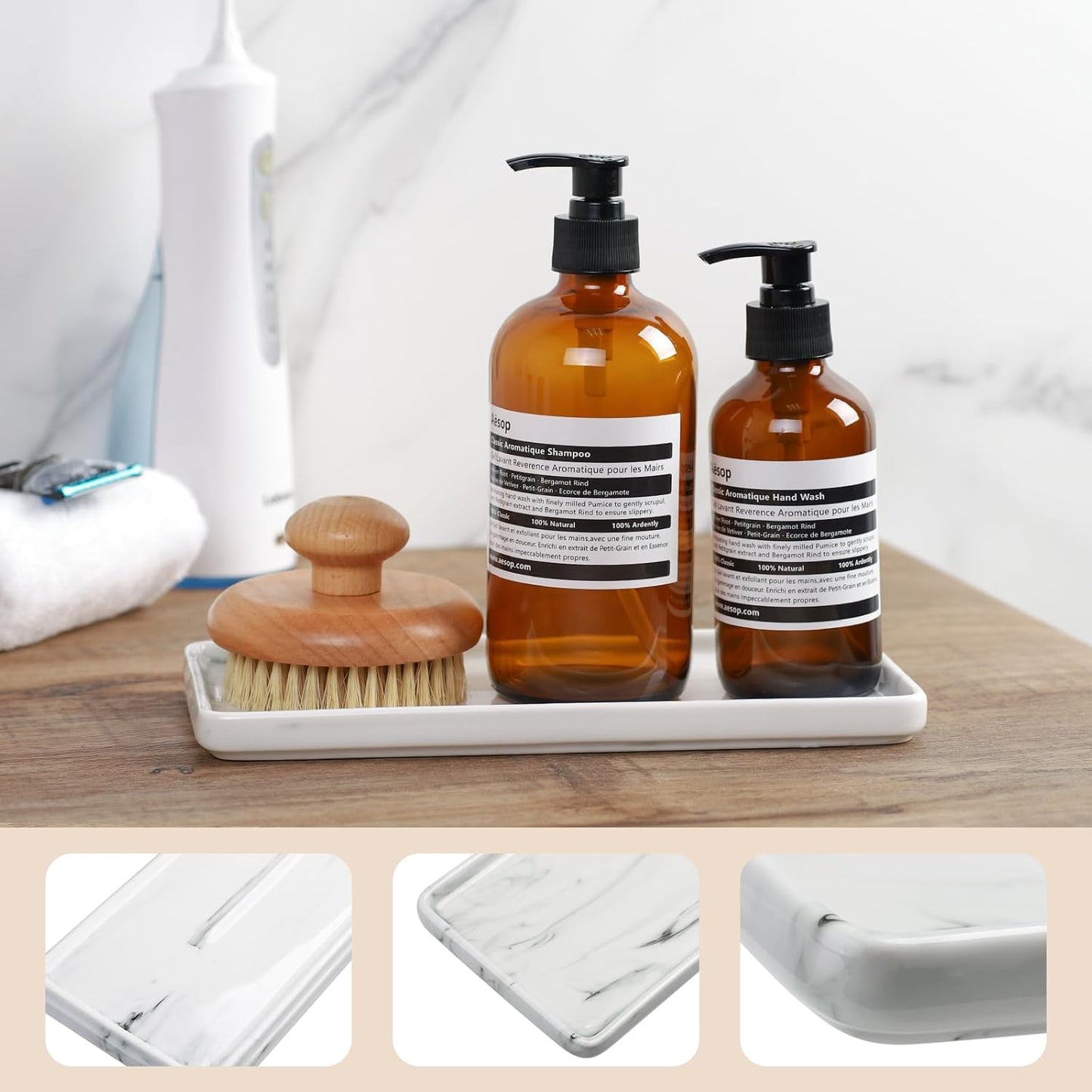 Gurygo 10" Bathroom Tray for Counter, Ceramic Vanity Trays for Bathroom, Small Rectangle Ceramic Trays, Kitchen Soap Ceramic Tray for Kitchen Counter, (Marble White, Set/1)