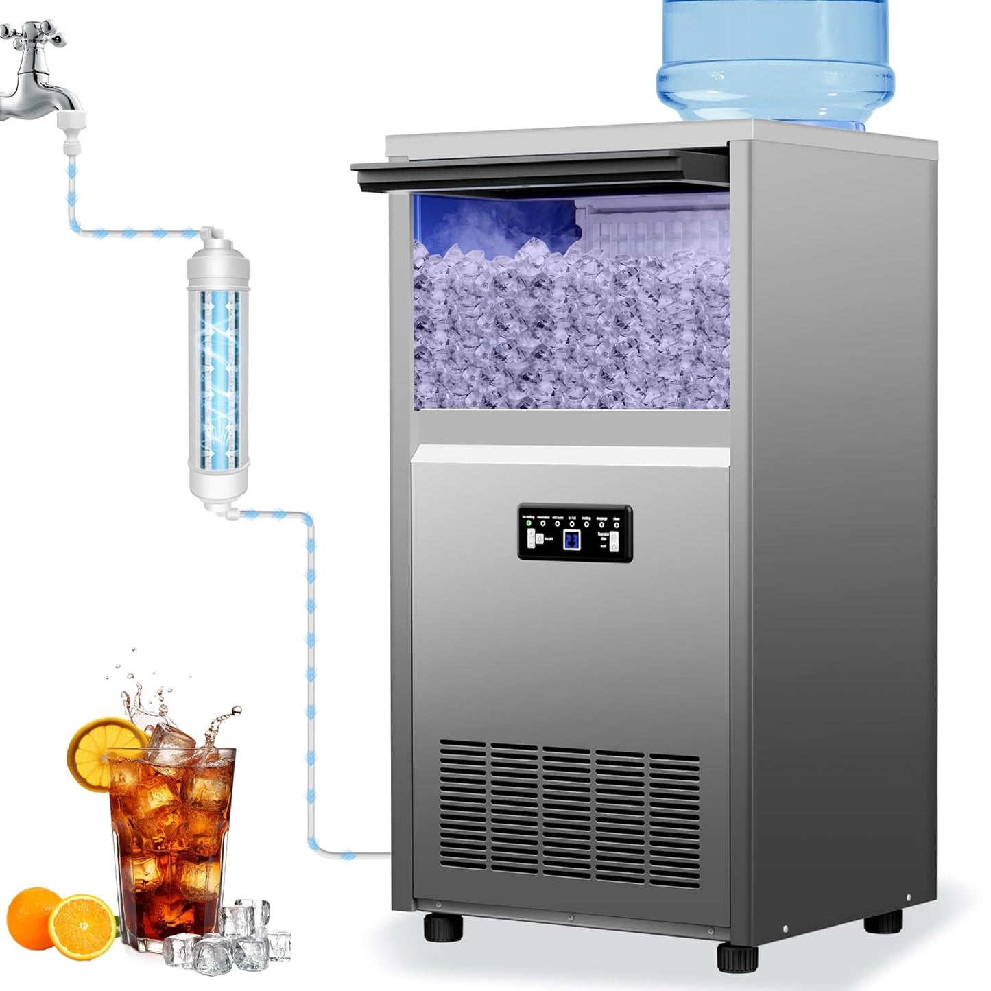 Commercial Ice Maker Machine 150lbs/24H with 30lbs Storage, Stainless Steel Undercounter/Freestanding Ice Machine 50Ice/Cycle 2 Water Inlet Modes Self-Cleaning for Homes Restaurants Bars