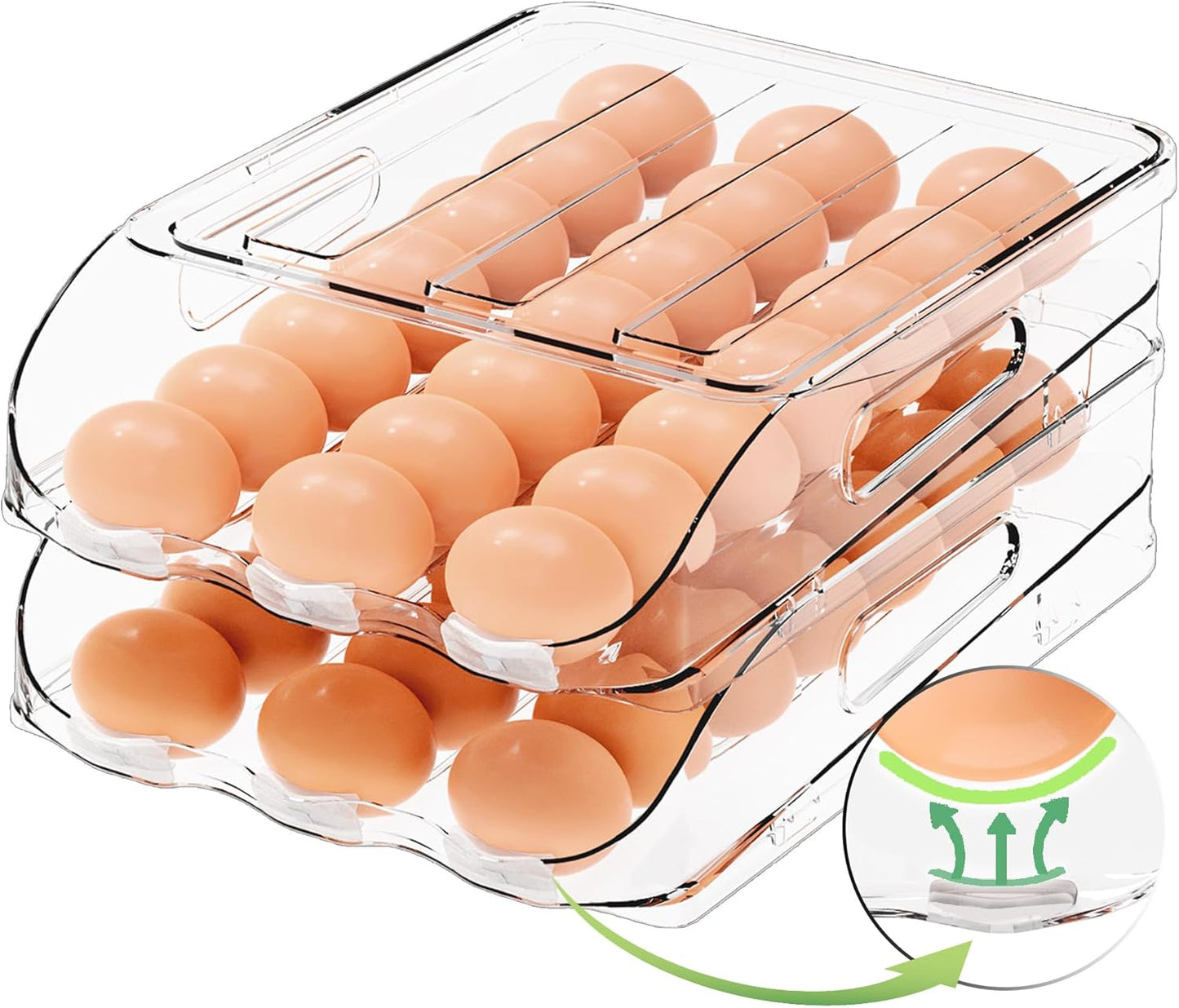 Egg Holder for Fridge, Automatic Steady Rolling Egg Container with Soft Bumpers & Handle for Refrigerator, Stackable Fridge Organizers and Storage with Lid