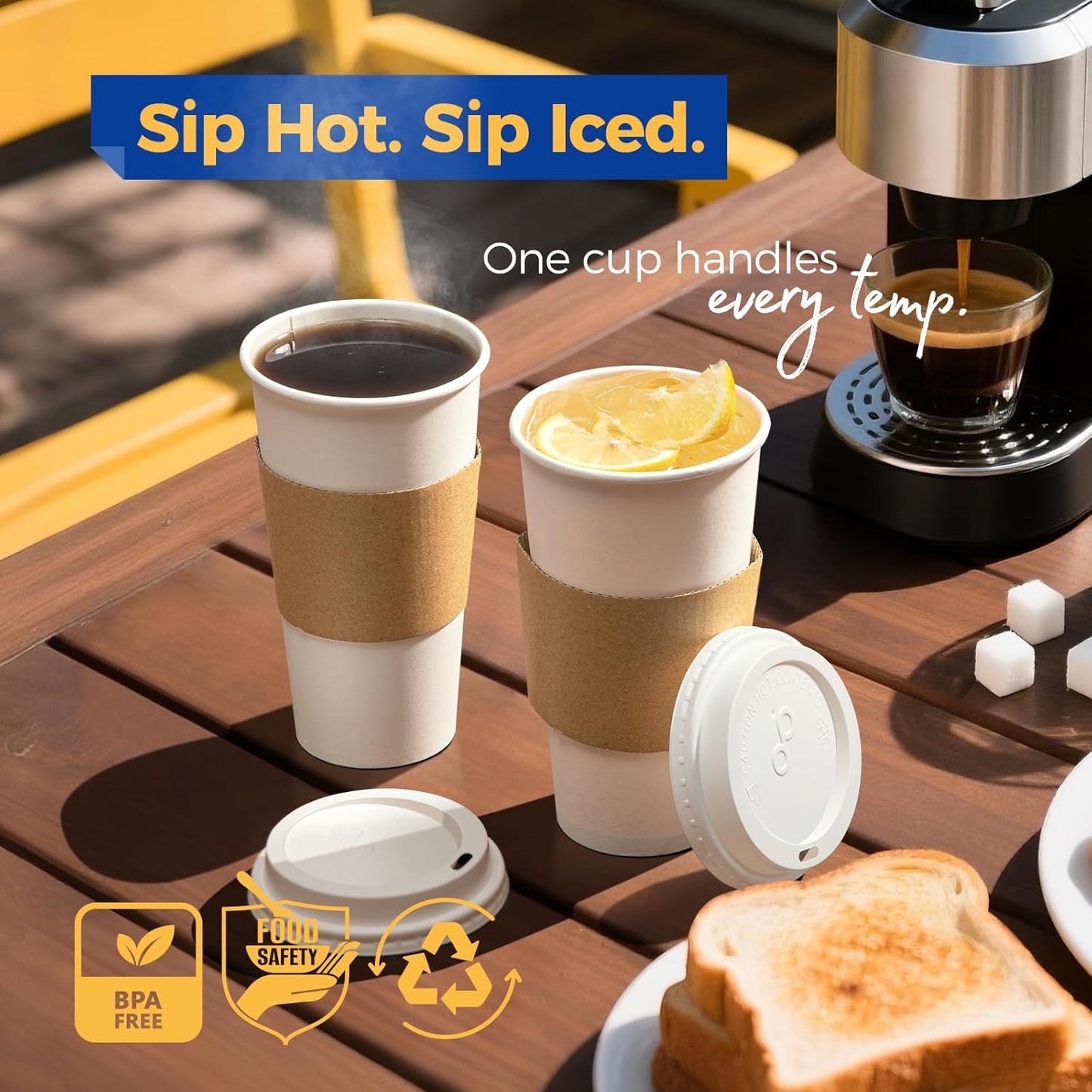 Fit Meal Prep 100 Pack 20 oz Disposable Coffee Cups with Lids, Sleeves, Leak-Proof To Go Coffee Cups with Lids, Durable Hot Paper Cups for Home, Office, Party, Business