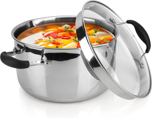 AVACRAFT Tri-Ply Stainless Steel Stockpot with Glass Strainer Lid, Side Spouts, 6 Quart Multipurpose Sauce Pot