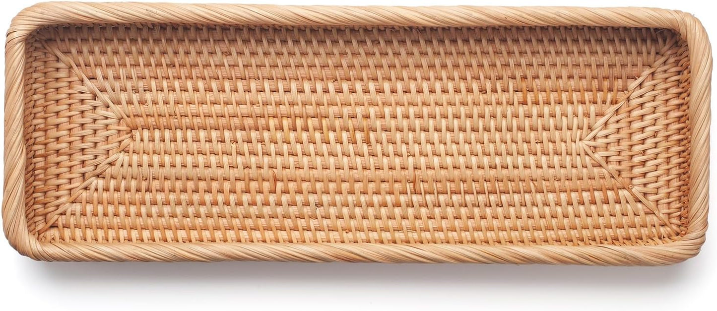 Rattan Bathroom Vanity Tray, Toilet Tank Basket Tray for Paper Hand Towel, Bathroom Counter Tray for Organizing and Decor (Natural, 16.3" x 6.1" x 2")