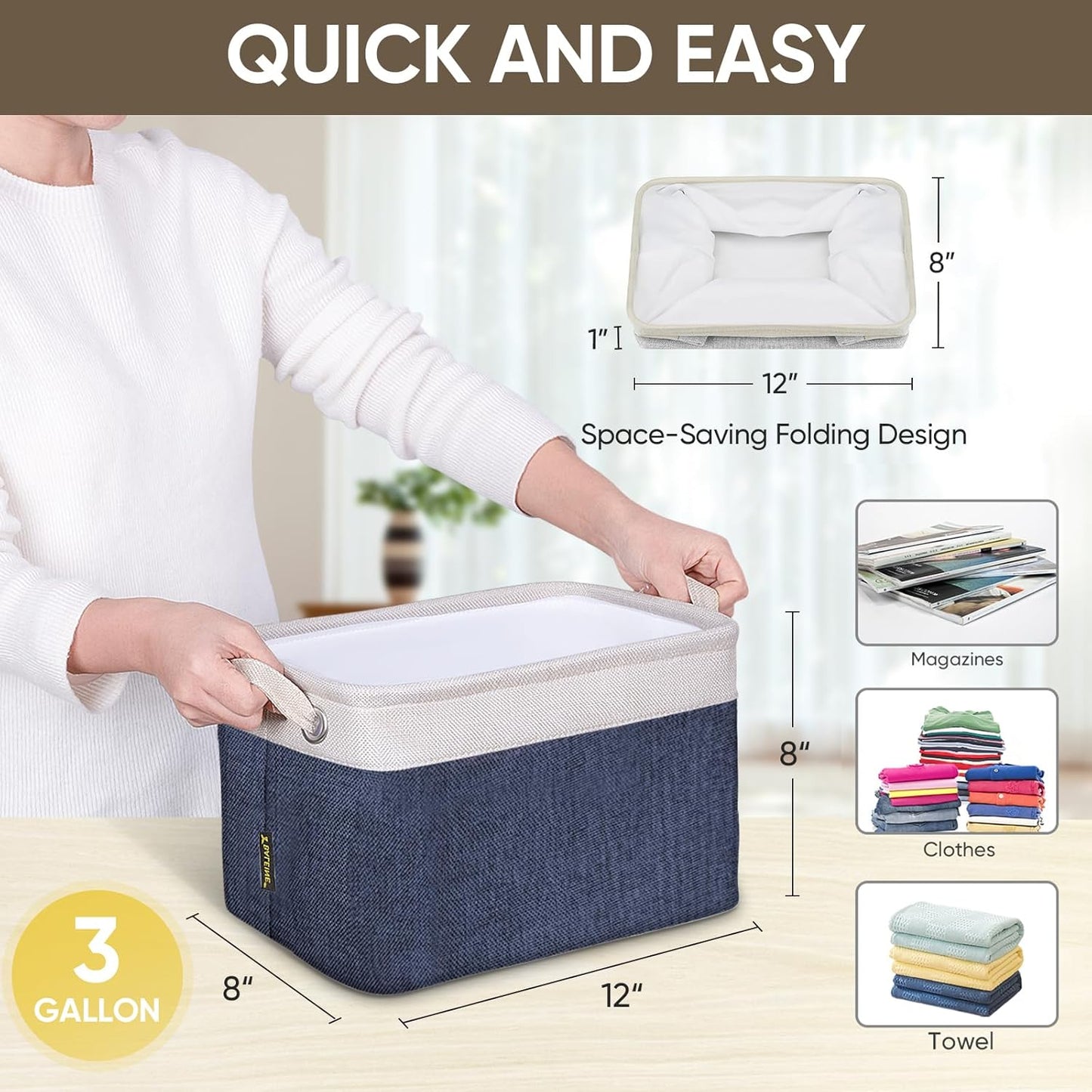 BALEINE 4 Pack Fabric Storage Bins for Shelves, Linen Storage Baskets for Organizing, Decorative Closet Bins for Clothes, Home (Navy Blue, 12"x8"x8")