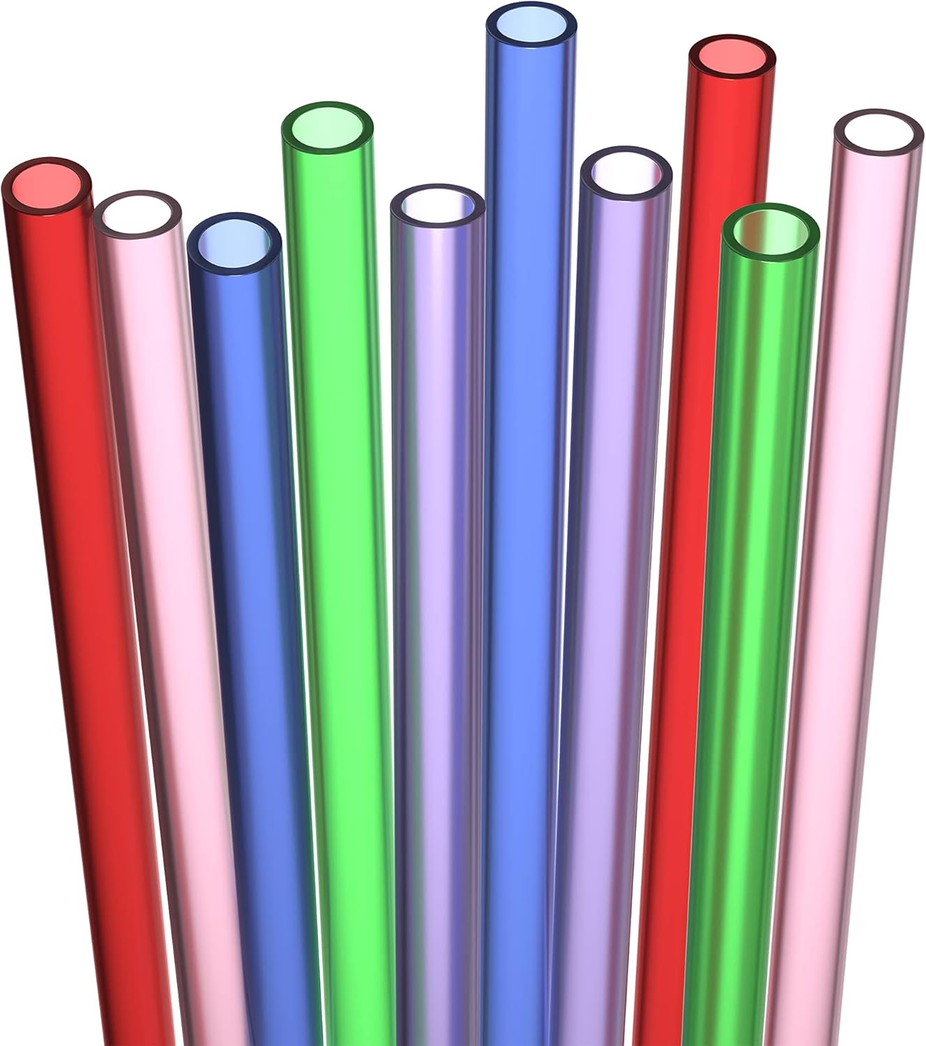 10 Long Reusable Hard Plastic Drinking Straws, Medium Width + Sturdy Cleaning Brush - for Tumblers, Mason Jars, Milkshakes, Smoothie Straws Drinking Plastic - Dishwasher Safe BPA Free