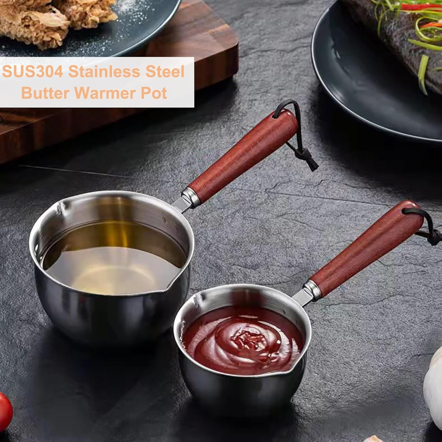 Butter Warmer Pot, Stainless Steel Milk Warmer with Wooden Handle for Seafood, Mini Butter Melting Pot Small Saucepan with Dual Pour Spouts for Stove Top Cooking (300ml)