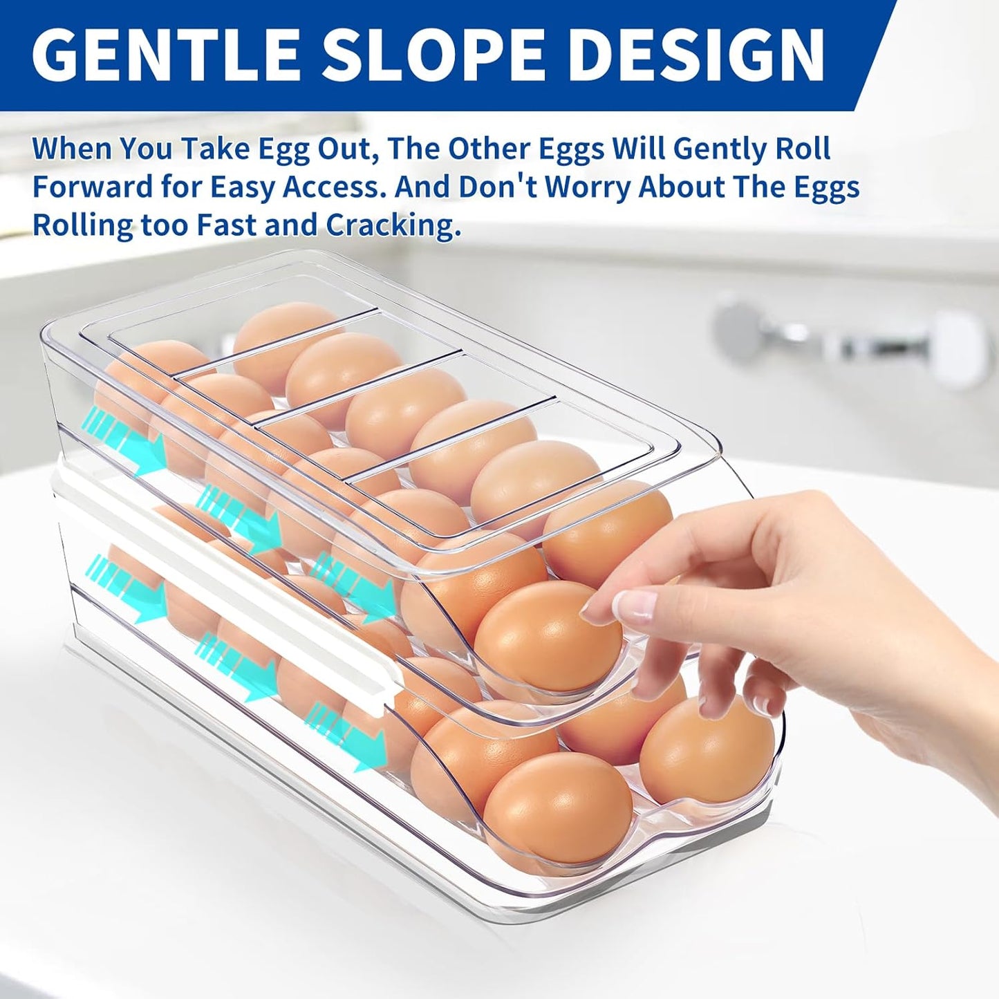 Egg Holder for Fridge, Automatic Rolling Egg Organizer for Refrigerator, Clear Plastic Egg Container & Tray, Stackable Dispenser and Storage with Sturdy Lid to Saving Space -1 Layer