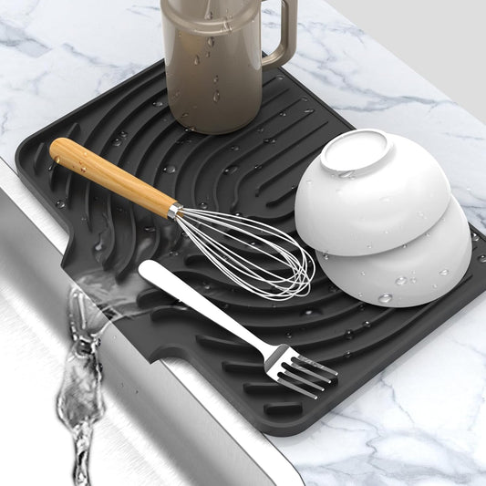 Dish Drying Matt for Kitchen Counter,14.6"×11"Silicone Dry Rack Mat with Built in Drain, Kitchen Dry Mats for Dishes Drying Pad for Counter(Black)