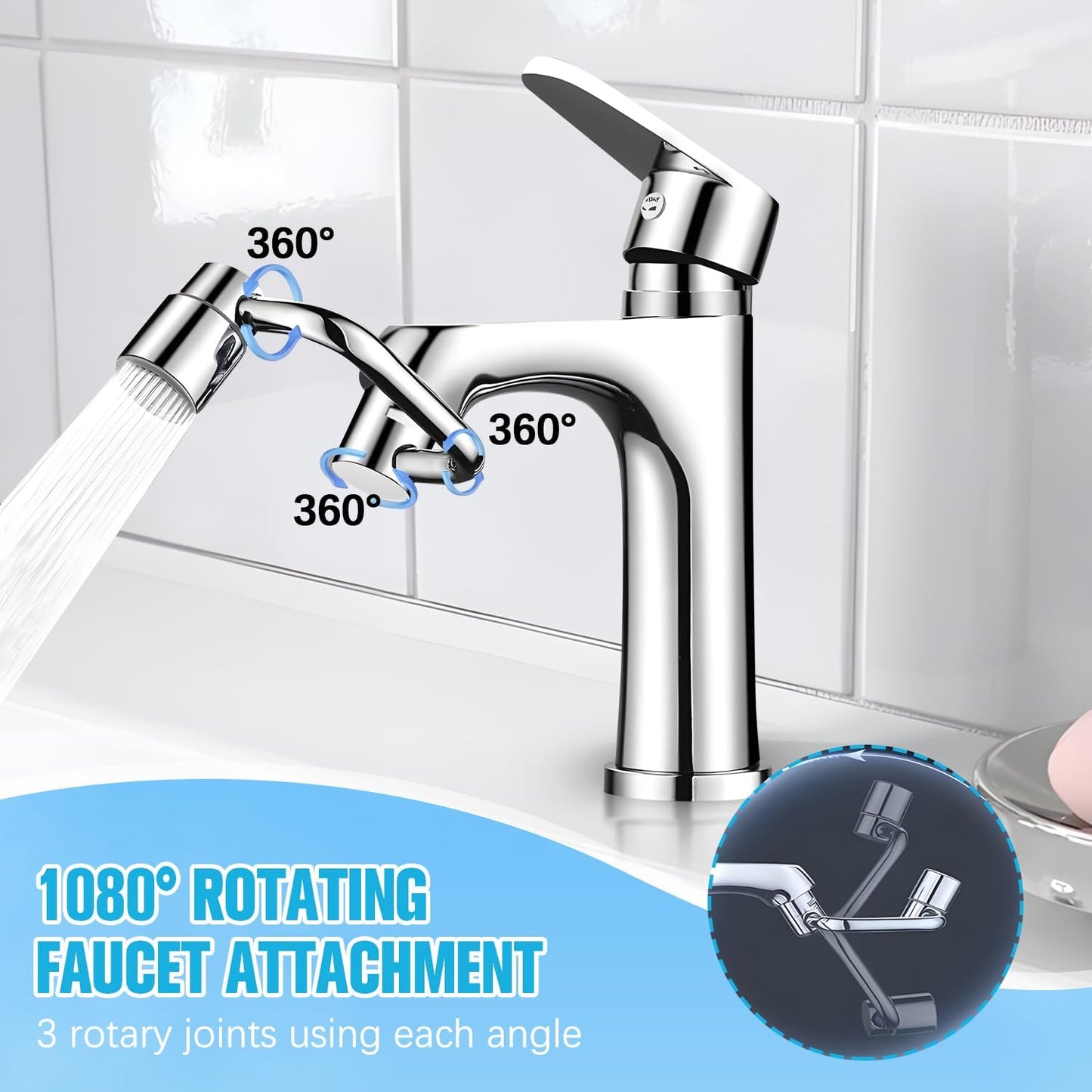Flexiflow 1080°Rotatable Faucet Aerator, New Rotating Faucet Extender, U Shape Faucet Extender for Bathroom Sink/Kitchen, 2 Sprayer Modes, Multiple Adapters,Universal for Internal/External Thread
