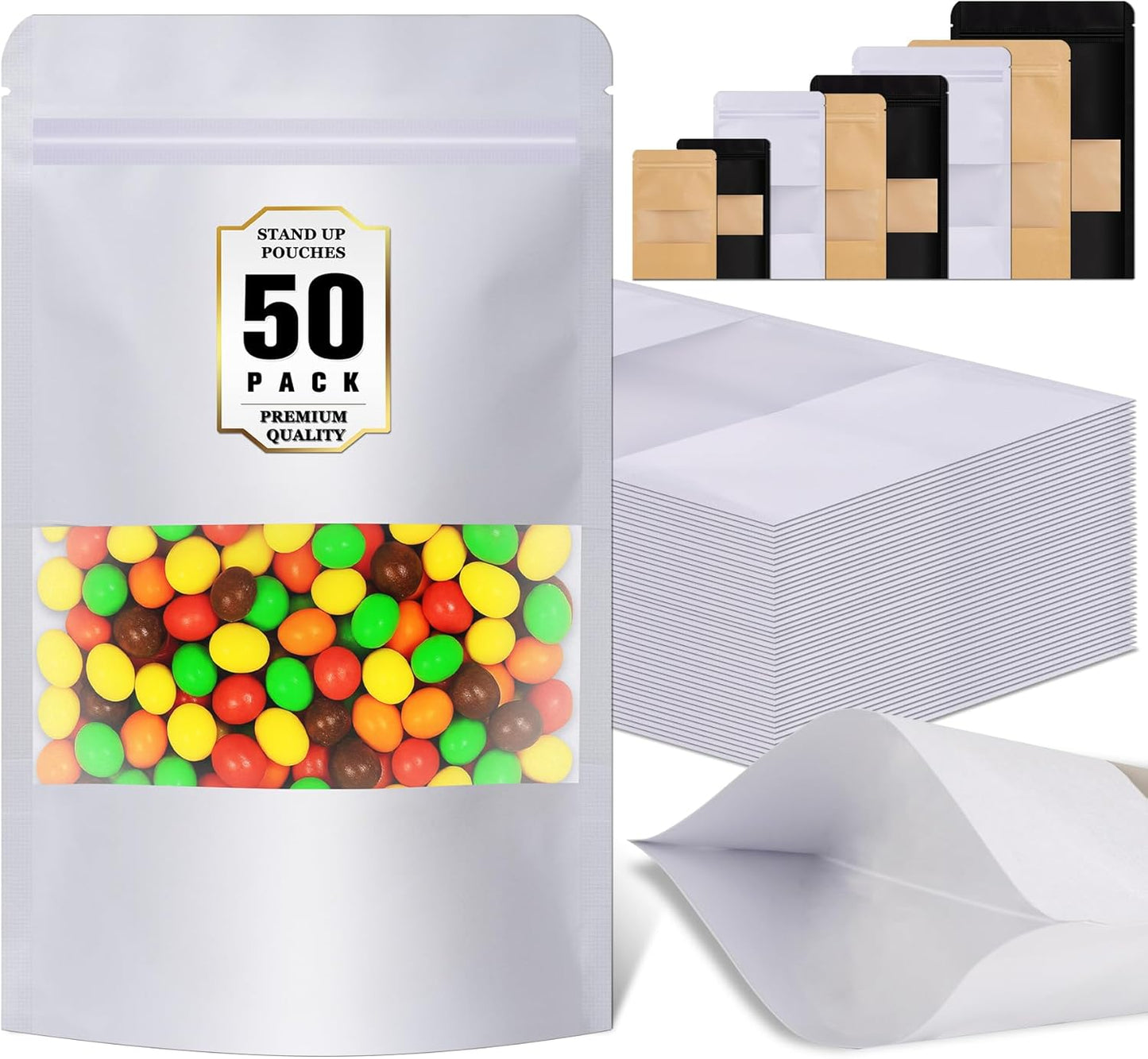 Jetmore-50pack-Smell-Proof-Bag, Reusable Zip Lock Bags with Window, Resealable Stand Up Packaging Bags, Brown Paper Pouches for Coffee, Tea, Herbs, Spice, Snack, Baked Goods, Goodie Bags