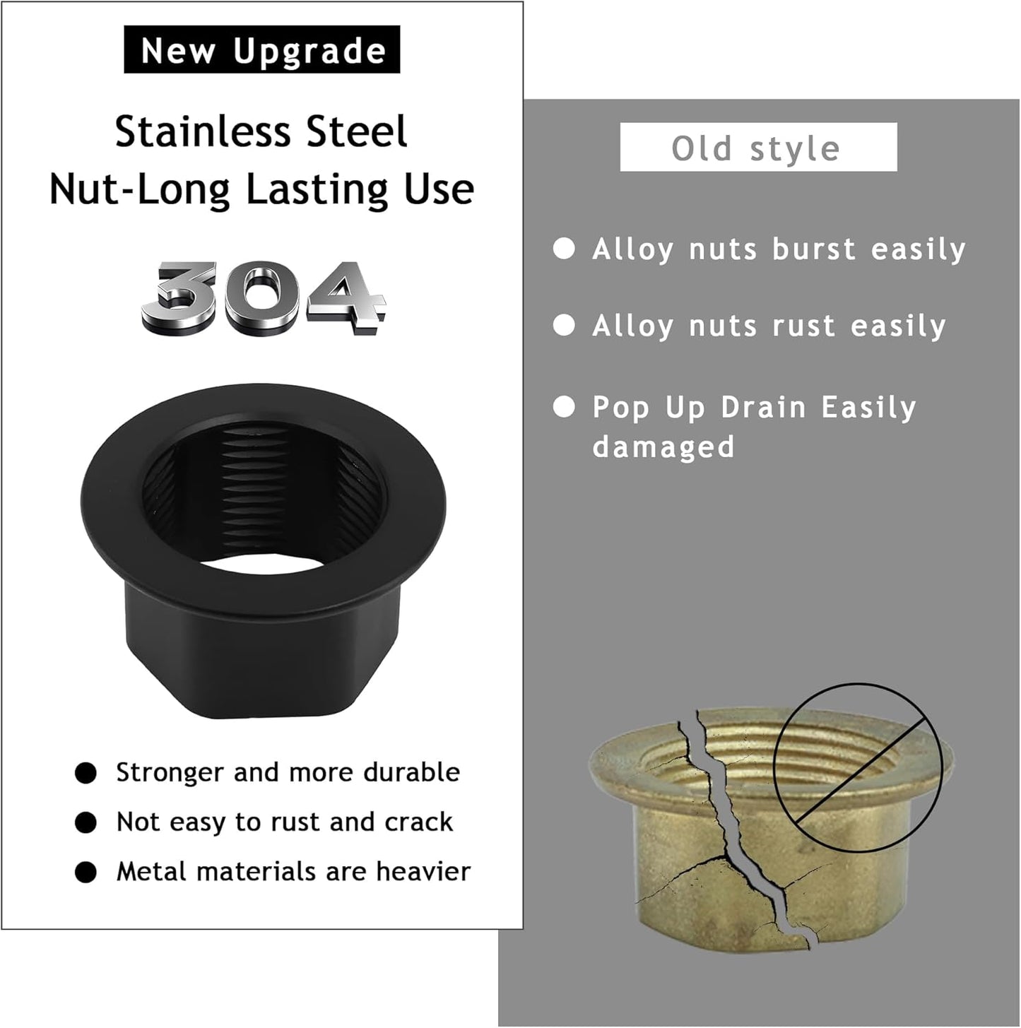 Bathroom Sink Drain,2 Pack Drain Stopper Without Overflow,Pop Up Drain Assembly with Detachable Strainer Basket,Built-in Anti-Clogging, Stainless Steel Nut Mattle Black