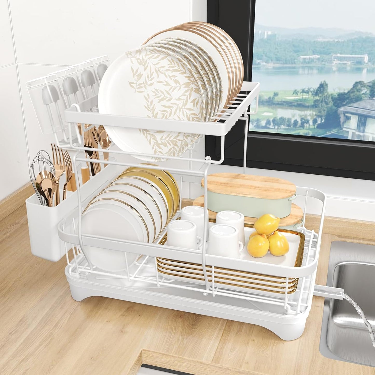 Dish Drying Rack, Two-Tier Dish Drying Rack with Utensil Holder and Cutlery Tray – Auto-Draining Large Capacity Dish Drainer with Drainboard for Kitchen Counter, White