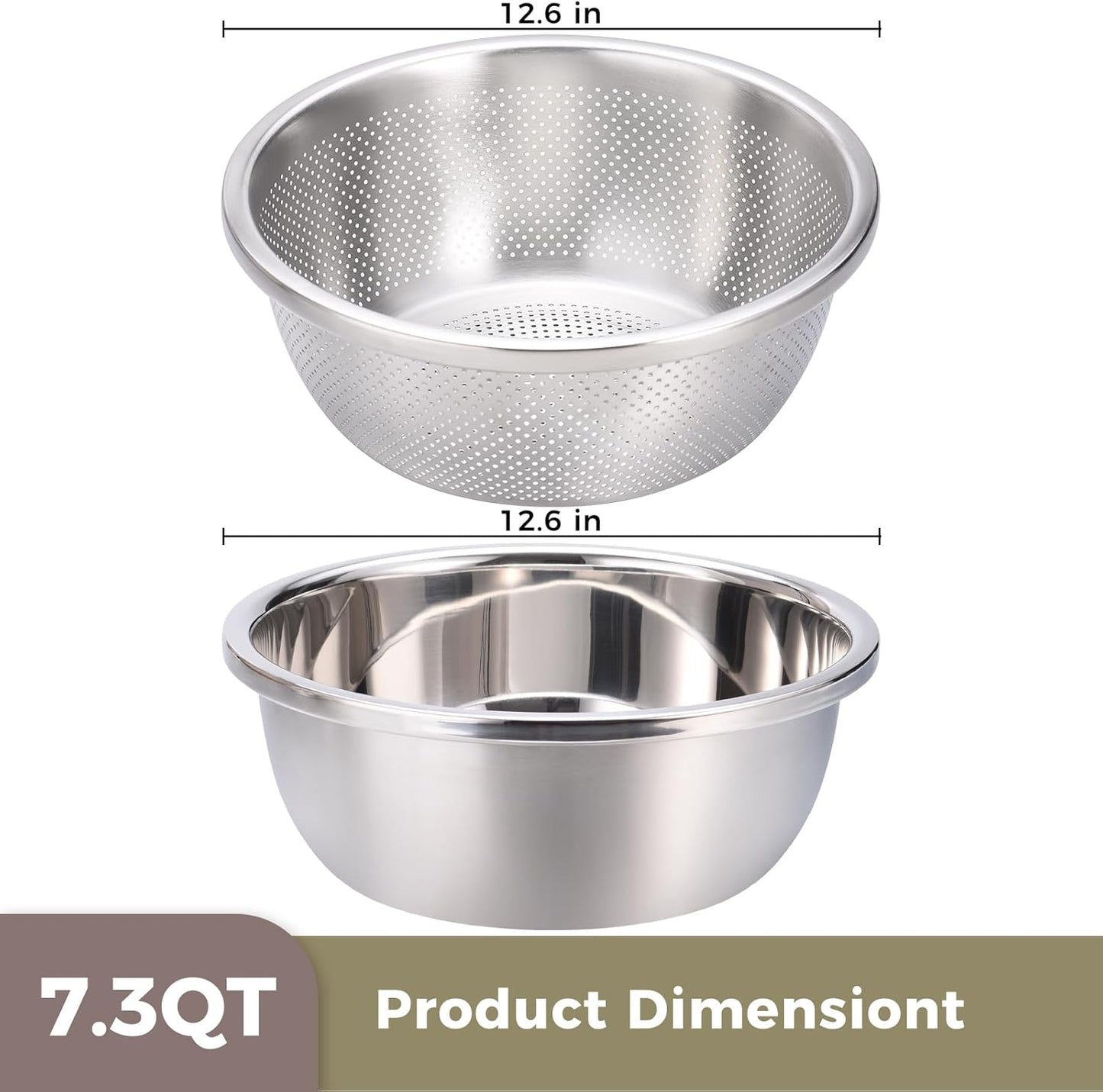 Colander and Bowl Set 7.3QT (2-in-1) - Thickened 304 Stainless Steel Kitchen Strainer Bowl for Fruit, Pasta, Vegetables, Rice - Heavy Duty, Induction Cooker & Dishwasher Safe