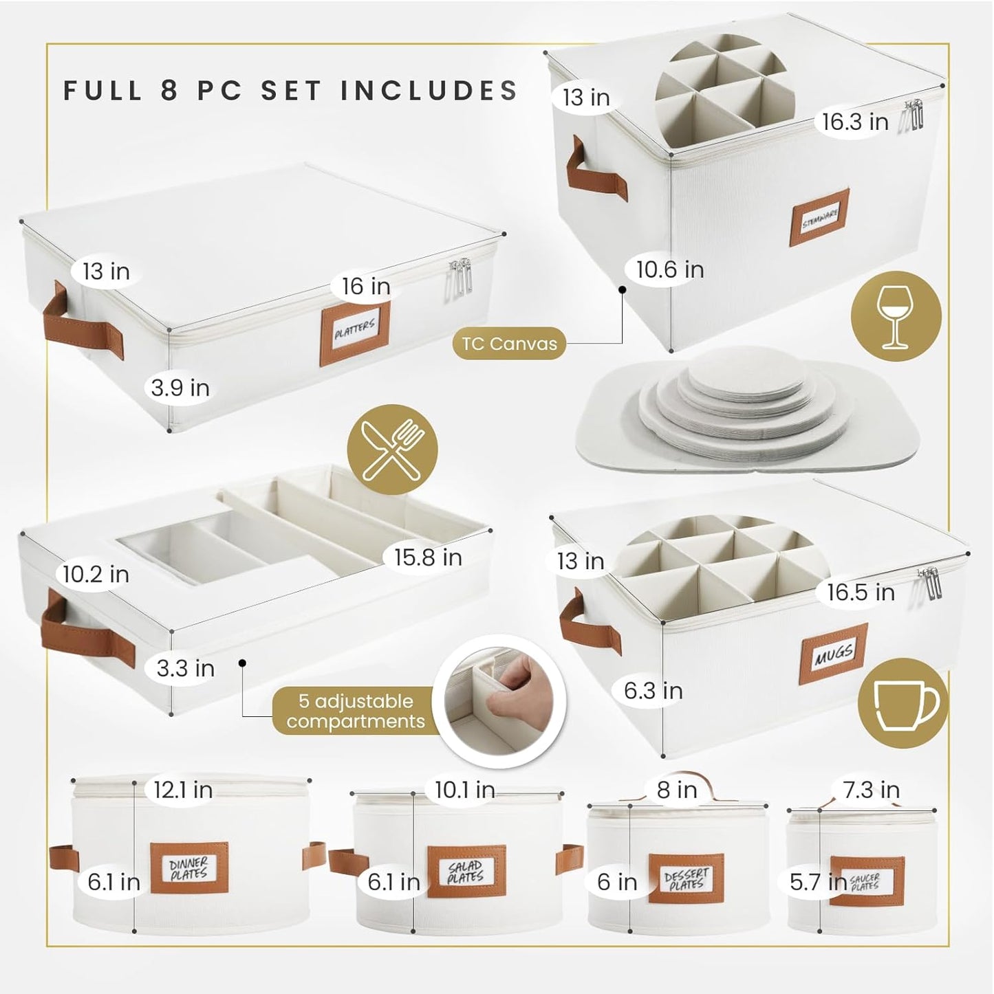 HOMELUX THEORY Flatware Storage Hard Shell China Storage Containers - Ivory Silverware Organizer, Cutlery & Silverware Storage Box with 5 Dividers & Lid, Packing Heavy Duty Moving Box with Handles
