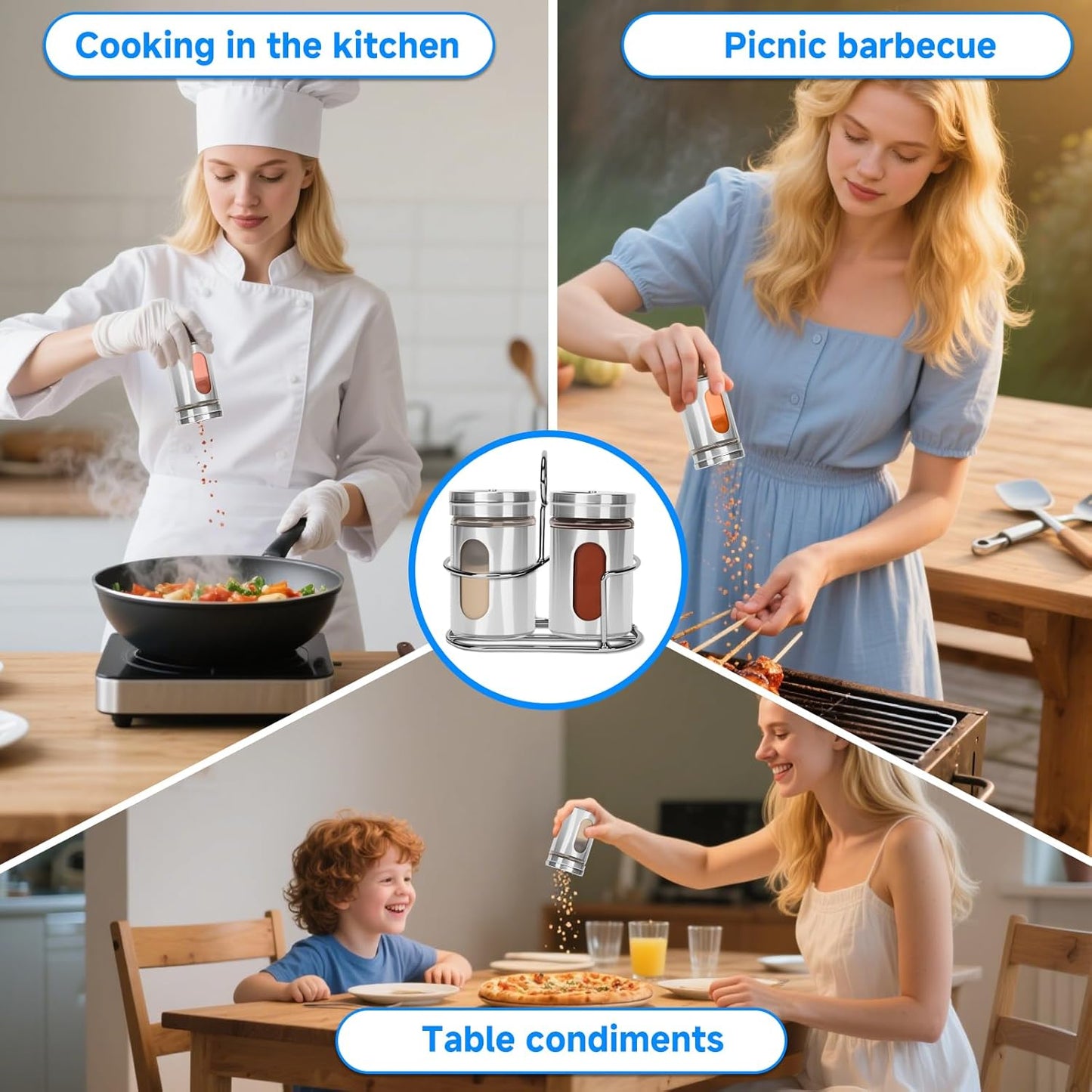 Glass Salt and Pepper Shaker Set with Seasoning Rack, Spice Rack, Adjustable Pour Hole Stainless Steel Lid, 2.8 oz, Spice Dispenser for Salt, Pepper, Spice Preservation (silver)