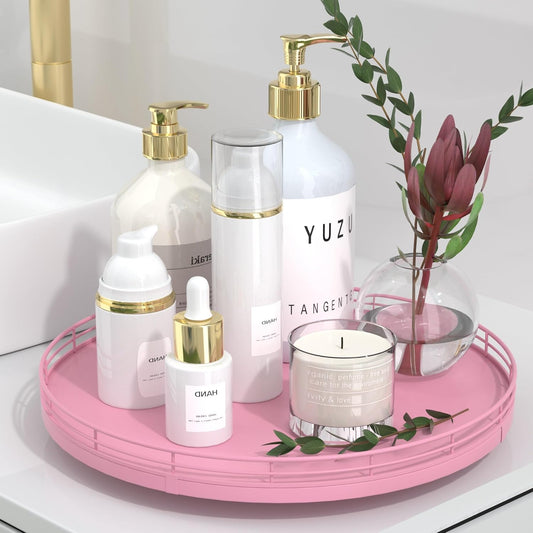 12" Oak Wood Bathroom Tray for Counter, Vanity Tray for Perfume Lotion Candle Makeup Jewelry Sink Soap Holder Turntable Dresser Organizer Countertop Coffee Table Decor Organization and Storage Pink