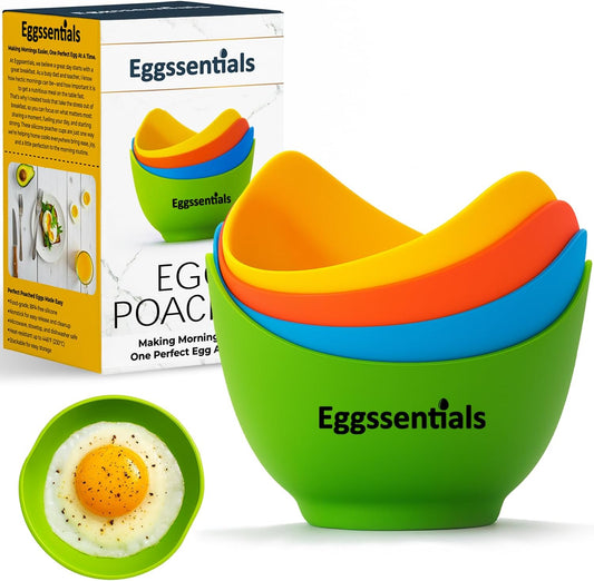 Eggssentials - Poached Egg Cups - Pack of 4 - BPA Free Silicone Egg Poacher Cups - Nonstick Poached Egg Cooker for Microwave, Stovetop, Baking – Easy to Clean Poaching Pods for Perfect Eggs