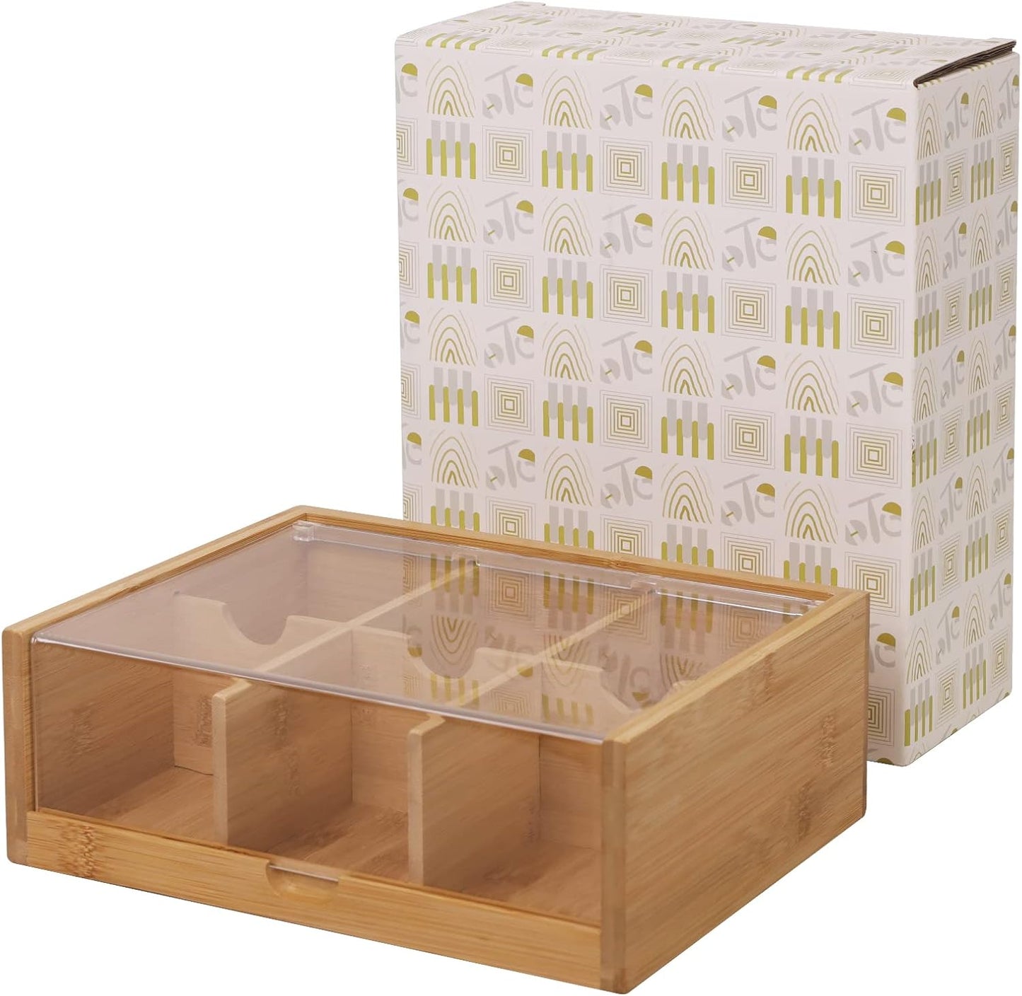 HTB Tea Bag Organizer 6 Compartments Gift Box Bamboo Tea Organizer for Tea Bags with Acrylic Transparent Hinged Lid
