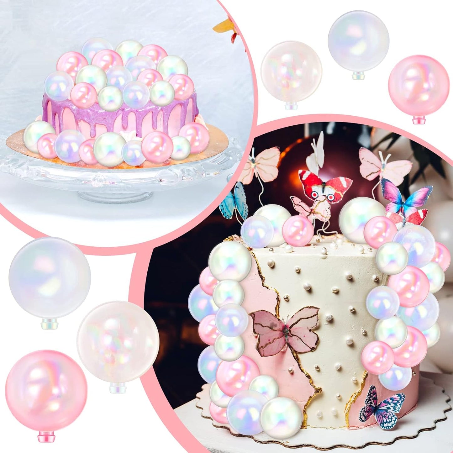 108 Pcs Balls Cake Topper DIY Cupcake Insert Foam Balloons for Cake Baking Wedding Anniversary Birthday Decoration(Pink, Clear, White,1.57'', 1.18'')