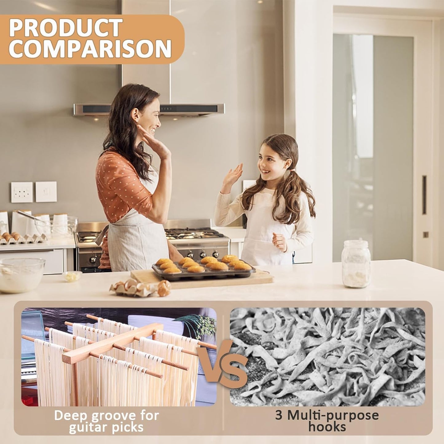 Gekufa Pasta Drying Rack – 8 Arms Collapsible Beechwood Noodle Dryer for Spaghetti, Fettuccine, Linguine – Compact Foldable Design for Easy Storage