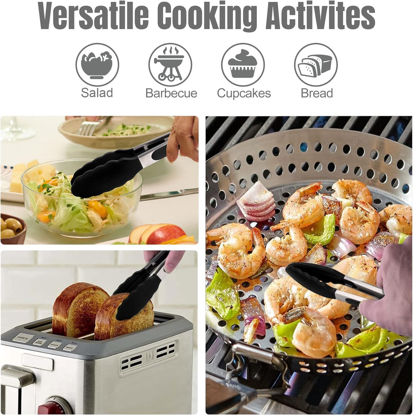 Hotec Silicone Kitchen Tongs for Cooking 9-Inch Serving Tongs with Silicone Tips, Set of 3 (Black)