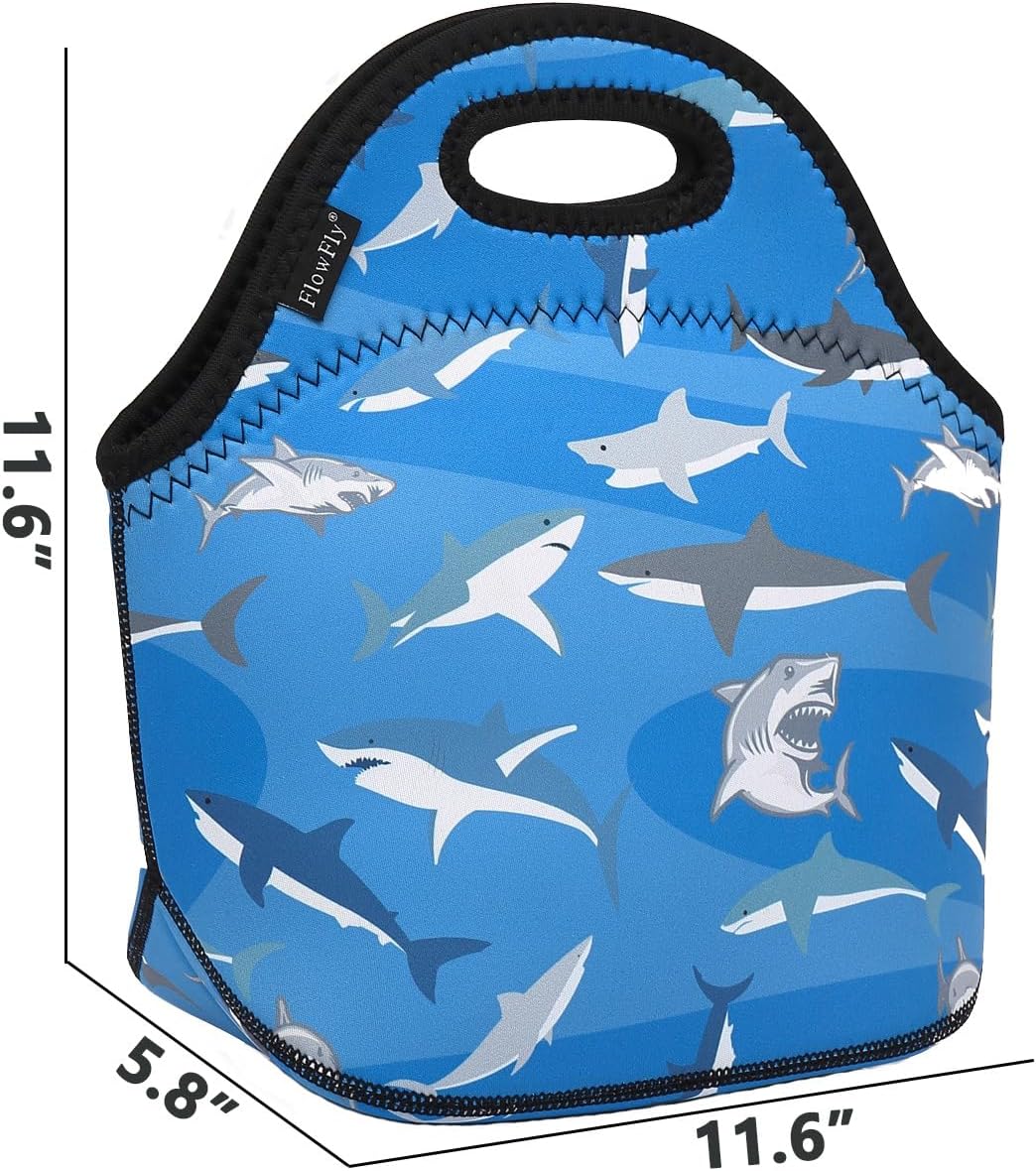 FlowFly Neoprene Kids Lunch box Insulated Soft Bag Mini Cooler Thermal Meal Tote Kit for Boys, Girls,Men,Women,School,Work, Office, Shark