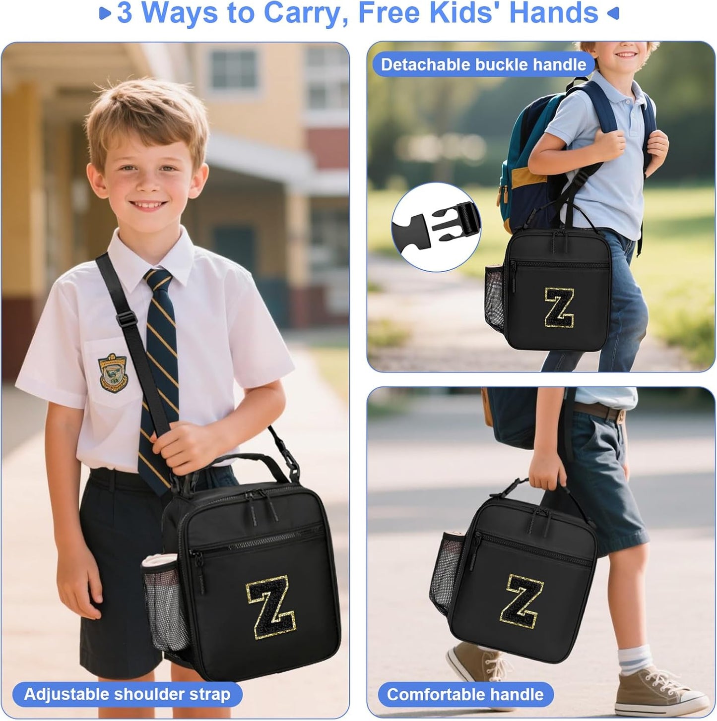 Initial Insulated Lunch Bag for Boys Kids, Back to School Gift, Reusable Leak-proof Lunch Box with Adjustable Strap for School Daycare Travel Picnic（Black，Z）