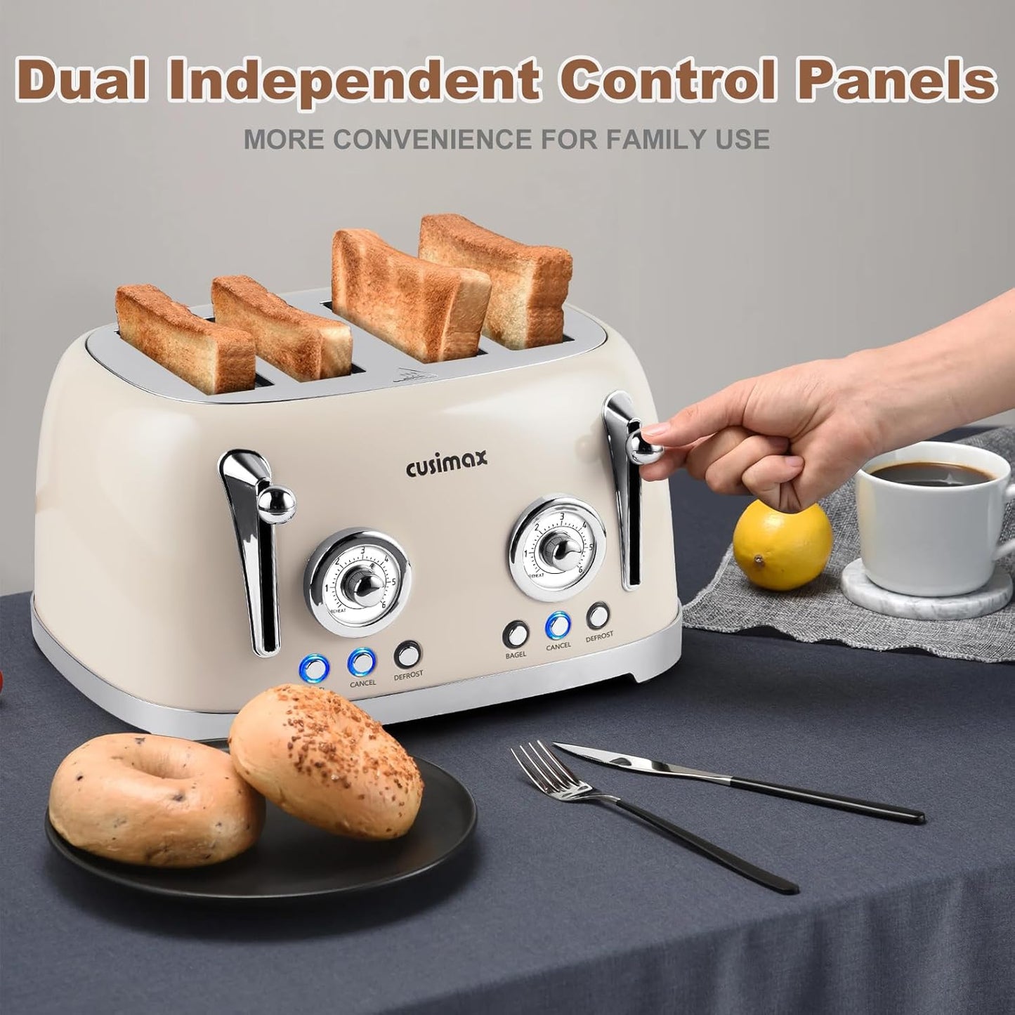 CUSIMAX Retro 4 Slice Toaster With Wide Slots for Bagels, Stainless Steel, 6 Toast Settings, Bagel, Cancel, Defrost & Reheat Functions, Dual Independent Control Panels, Cream