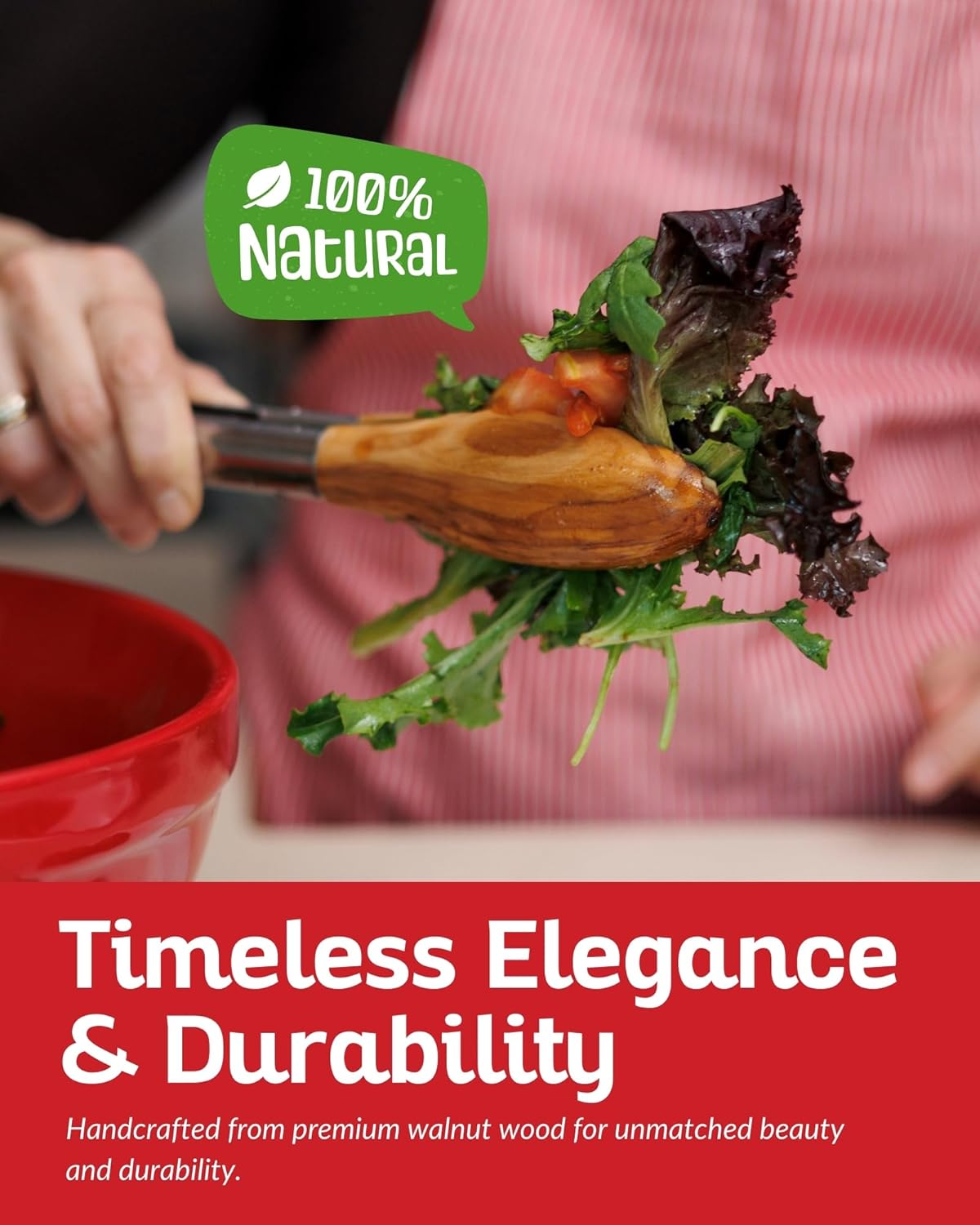 Boxiki Kitchen Wooden Tongs for Cooking - Nonstick Kitchen Salad Tongs for Serving Food, Grilling, Cooking, BBQ and Tossing Salad - Made of Natural Walnut Wood, Size 12-inch