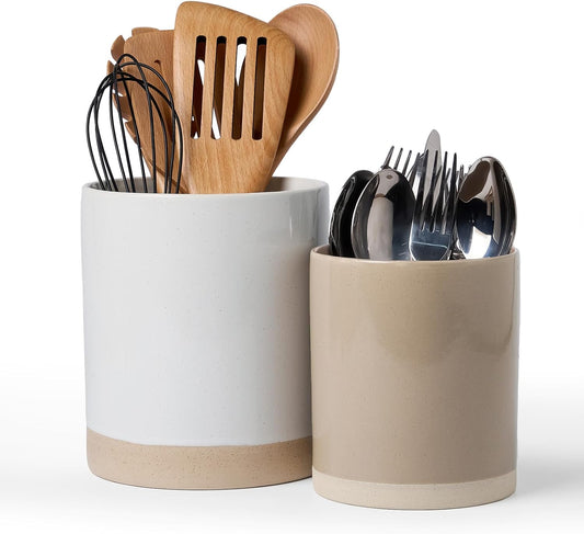 famiware Milkyway Kitchen Utensil Holder for Countertop, Ceramic Cooking Utensil Crocks for Kitchen Counter, Utensil Organizer for Spatula & Spoon, Set of 2, White and Cinnamon Brown