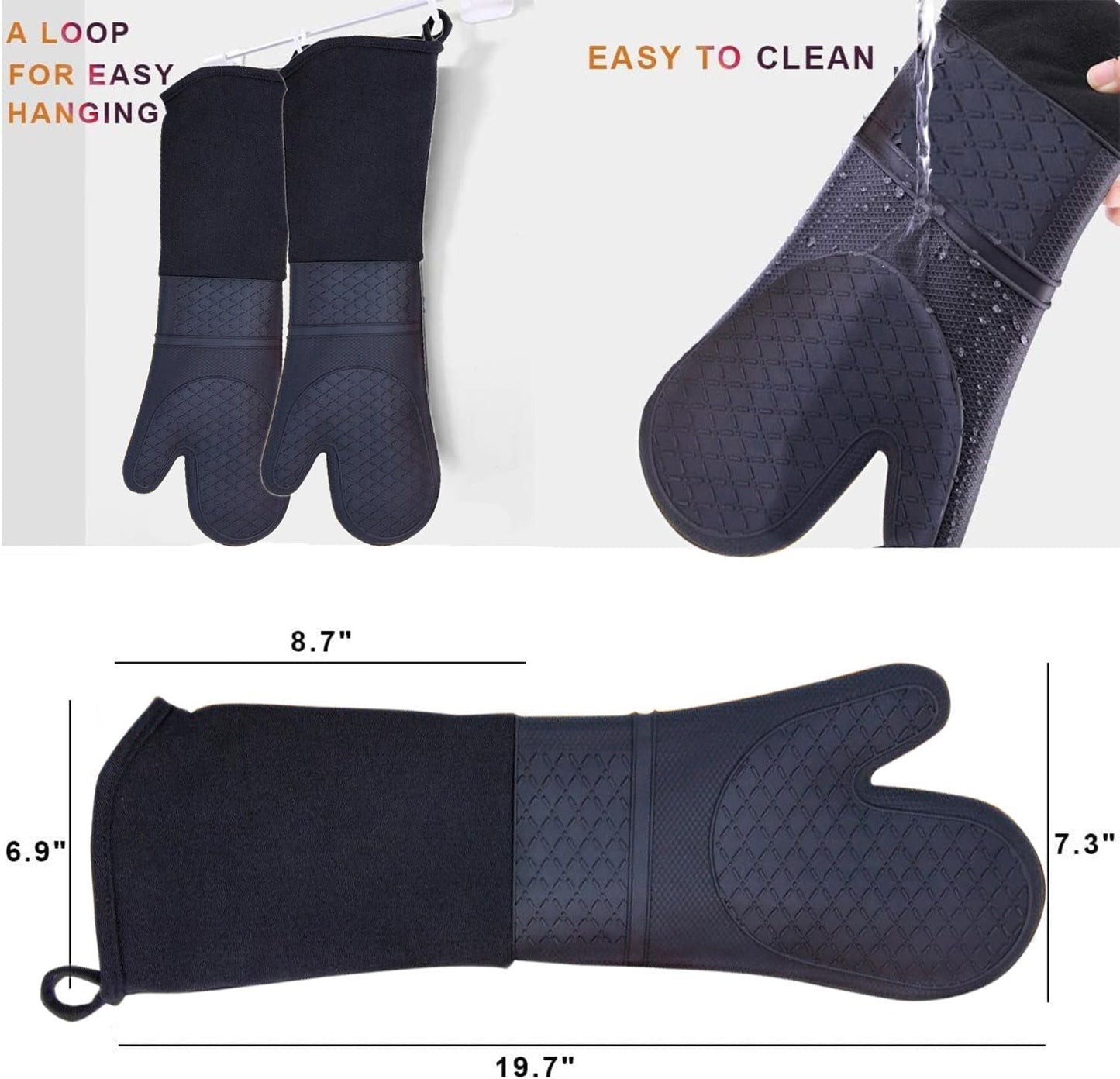 Extra Long Silicone Oven Mitts Heavy Duty Commercial Grade Oven Mitts Heat Resistant BBQ Gloves with Quilted Cotton Lining 2 Pack (Black)