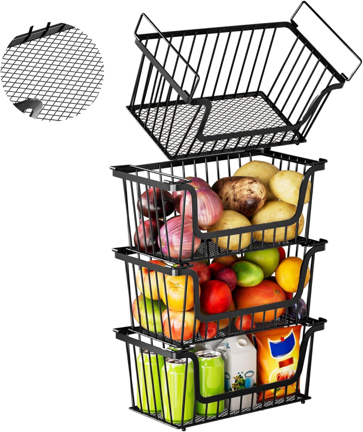 Enhanced Leak-Proof Bottom Stackable Wire Baskets, 4 Pack Pantry Organizers and Storage, pantry storage，Shelf Baskets, Fruit Basket, Potato and Onion Storage Bins，(Black)