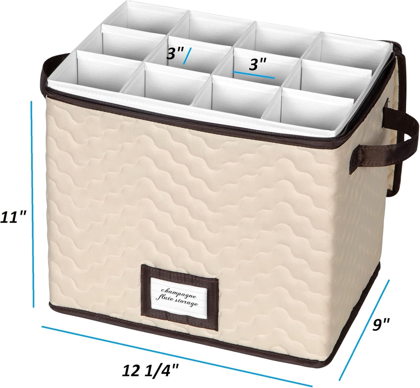 Champagne Flute Glass Storage Box with Dividers - Holds 12 Champagne Flute Glass up to 3" Wide - Stemware Storage Case - Protects Fine China - Durable Quilted Microfiber Bin with Carry Handles