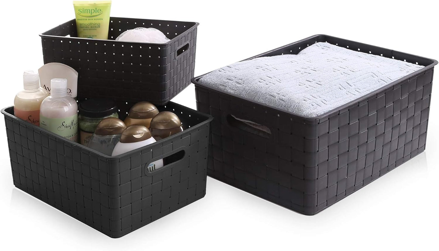 BINO | Plastic Basket, Large - Black | 3 Pack | THE STABLE COLLECTION | Multi-Use Storage Basket | Rectangular Cabinet Organizer | Home & Office Storage Organizer | Baskets for Bathroom Organizing