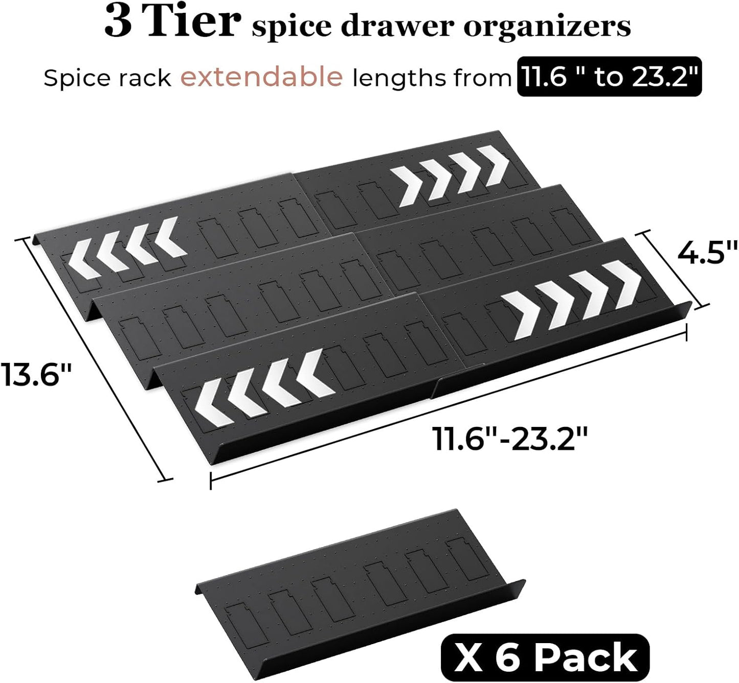 Famhap Spice Drawer Organizer, 6 Pack Drawer Seasoning Organizer Expandable from 11.6" to 23.2" Seasoning Rack Tray Insert for Kitchen Drawers, Spice Rack Tray for Drawer/Countertop (Black)