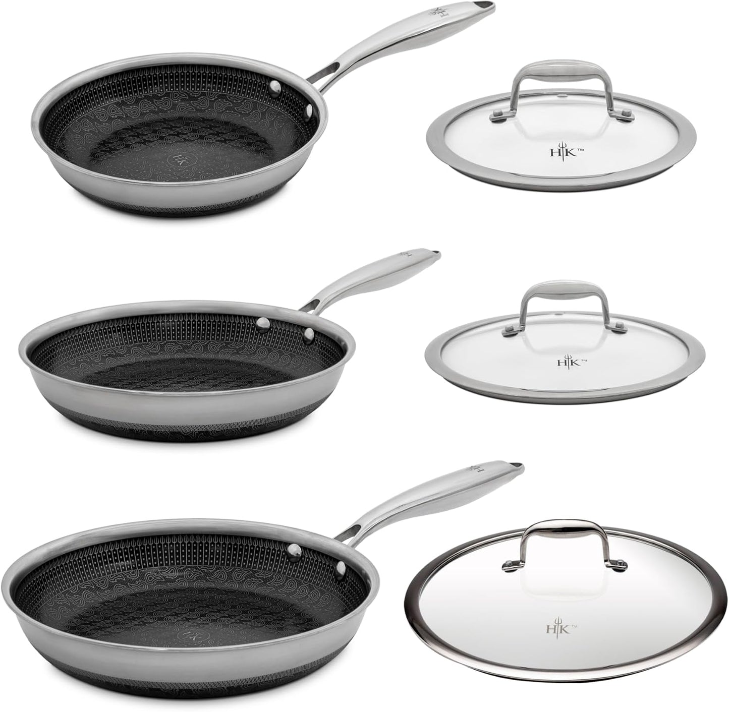 Hell's Kitchen Hybrid Fry Pan, Tri-Clad Stainless and Nonstick Ceramic PFAS Free, no PFOA, no PTFE, no Teflon, Non Toxic Cookware, Metal Utensil Safe, All Cooktops, Oven Safe (6 Piece Set with Lids)