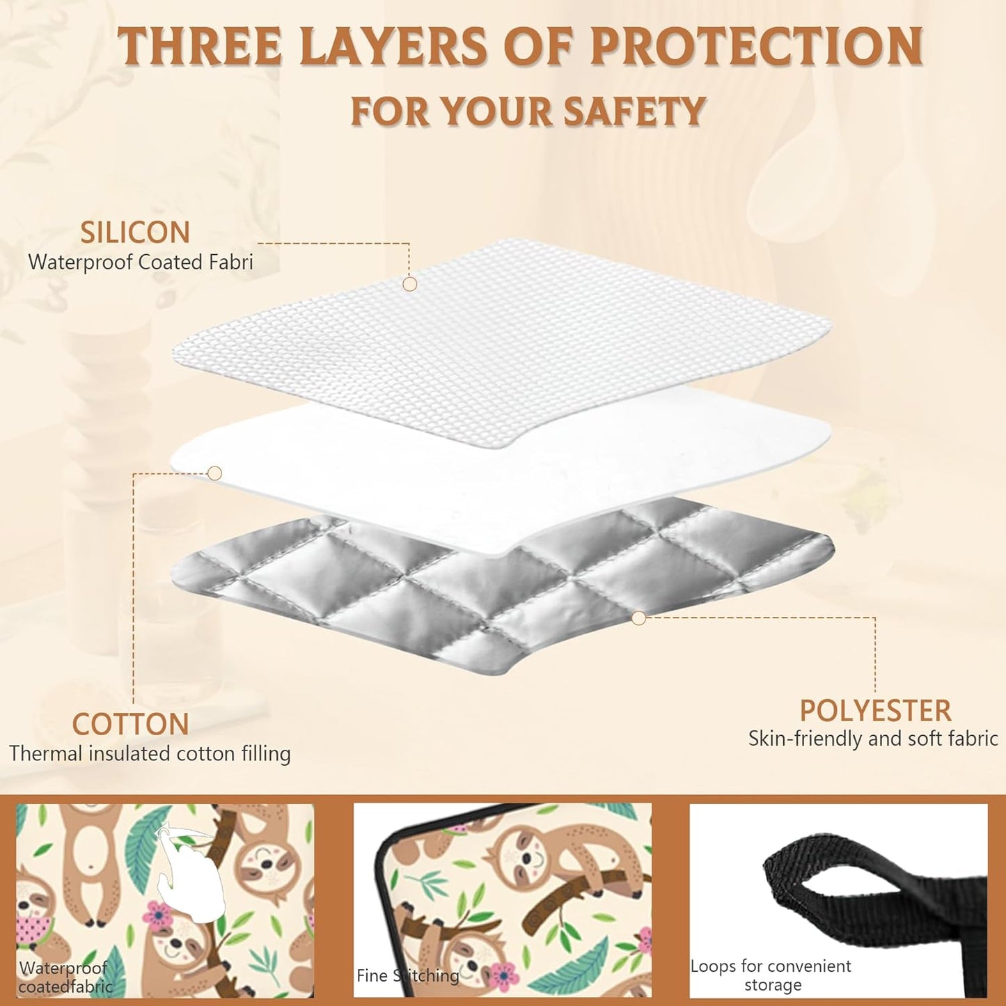 Cute Sloth Pot Holders Set of 2, Kitchen Heat Resistant Potholder for Microwave Cooking Baking Oven End Dishes and BBQ