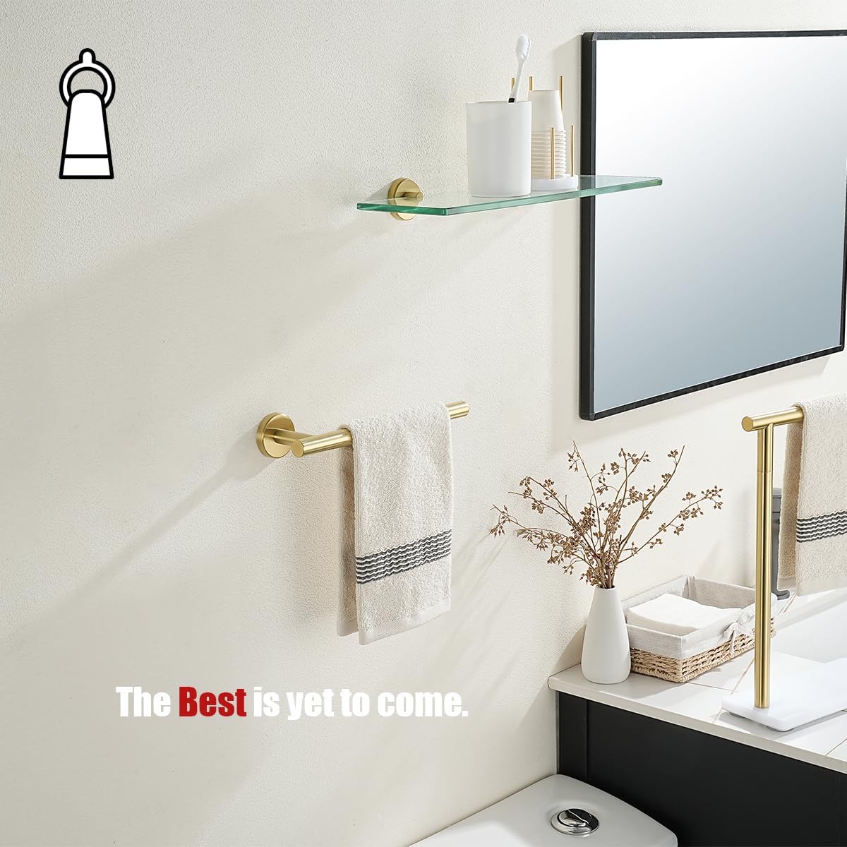 JQK Hand Towel Bar Gold, 10 Inch Thicken 0.8mm 304 Stainless Steel Bathroom Hand Towel Holder, 9 Inch Useable Length Wall Mount, Brushed Gold, THH110L9-BG