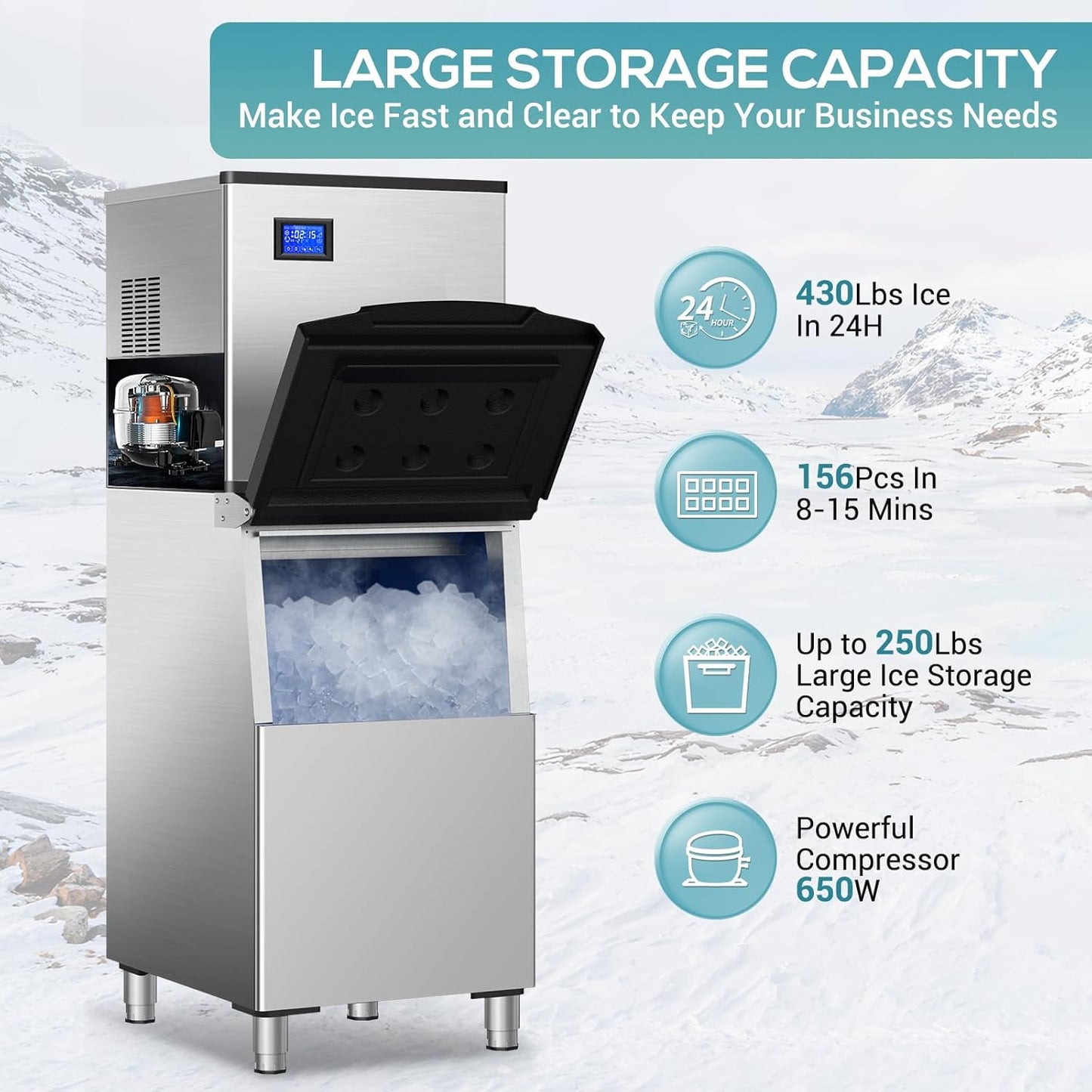 Commercial Ice Maker Machine 430Lbs/24H, Industrial Ice Machine 350 Lbs Storage Bin, 156PCS Clear Ice Cubes in 11 Mins, Freestanding Stainless Steel Ice Maker for Restaurants/Bar/Large Families