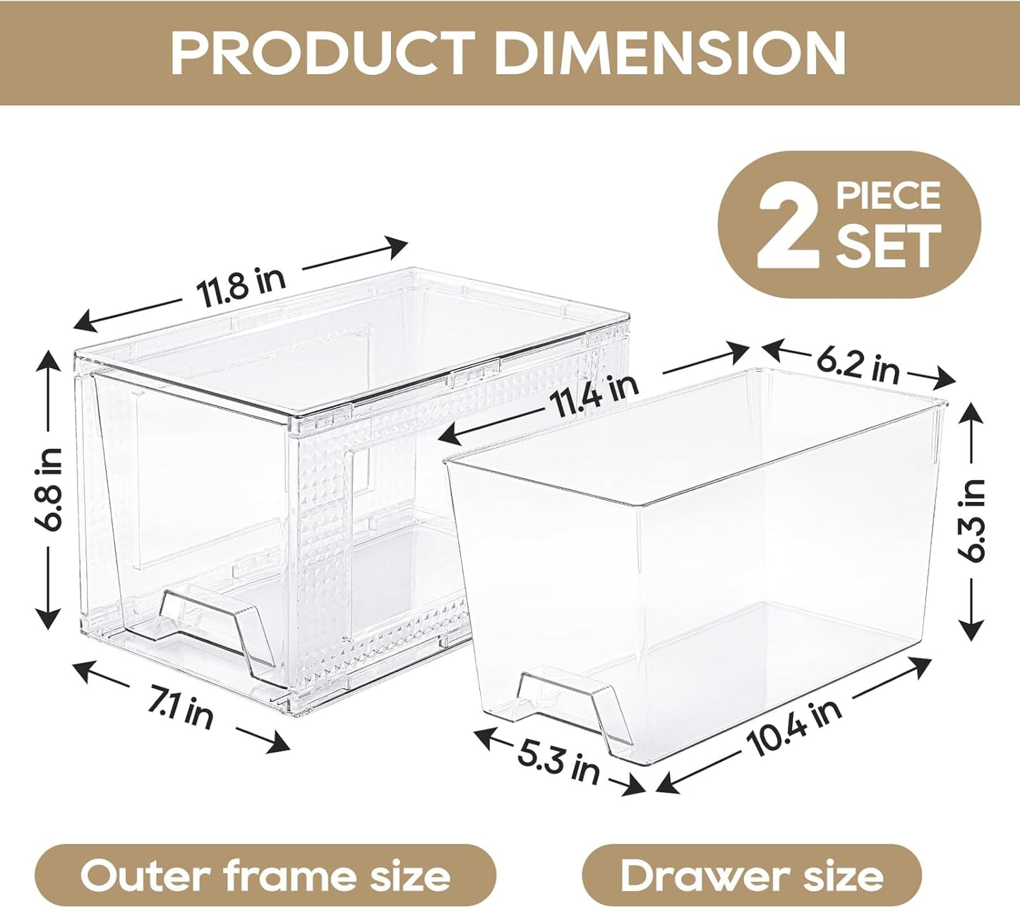 JollyPack 2 Pack Clear Stackable Storage Drawers, Easy to Assemble Multi-Use Bathroom Organizers and Storage, Suitable for Vanity, Bathroom, Makeup, Under Sink, Office, Kitchen and Pantry