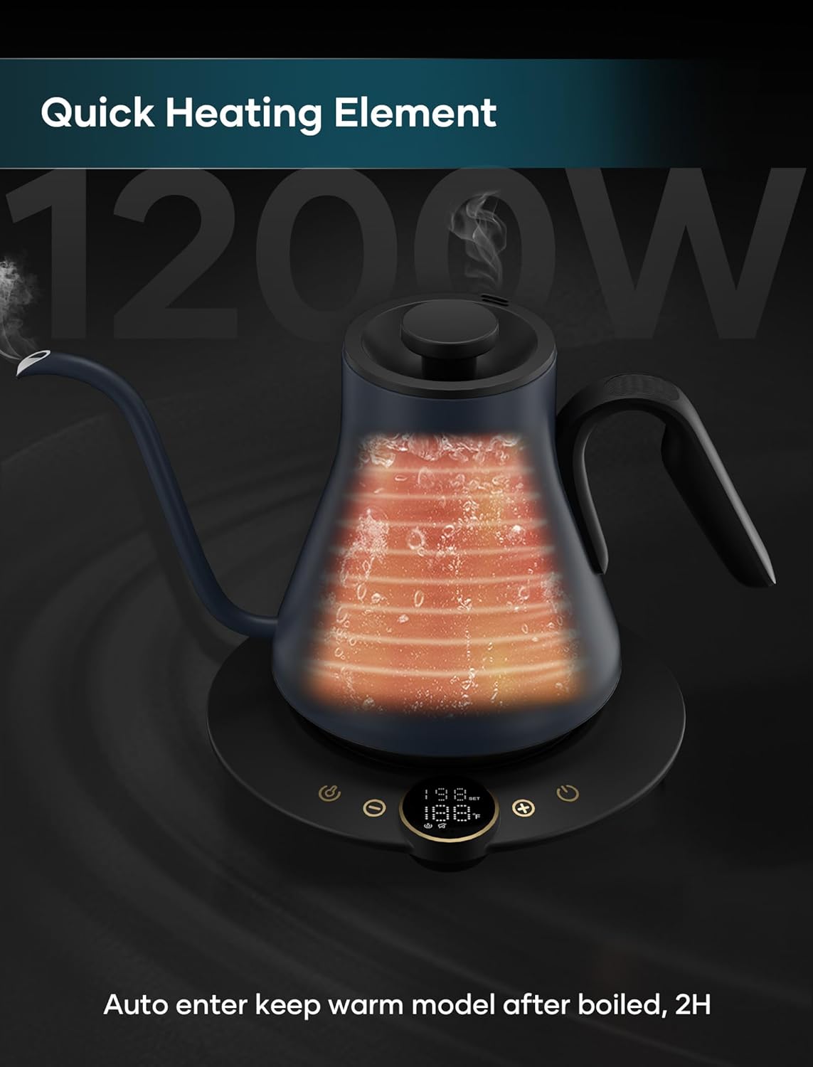 Electric Kettles, INTASTING Gooseneck Electric Kettle, ±1℉ Temperature Control, Stainless Steel Inner, Quick Heating, for Pour Over Coffee, Brew Tea, Boil Hot Water, 0.9L (Navy Blue)