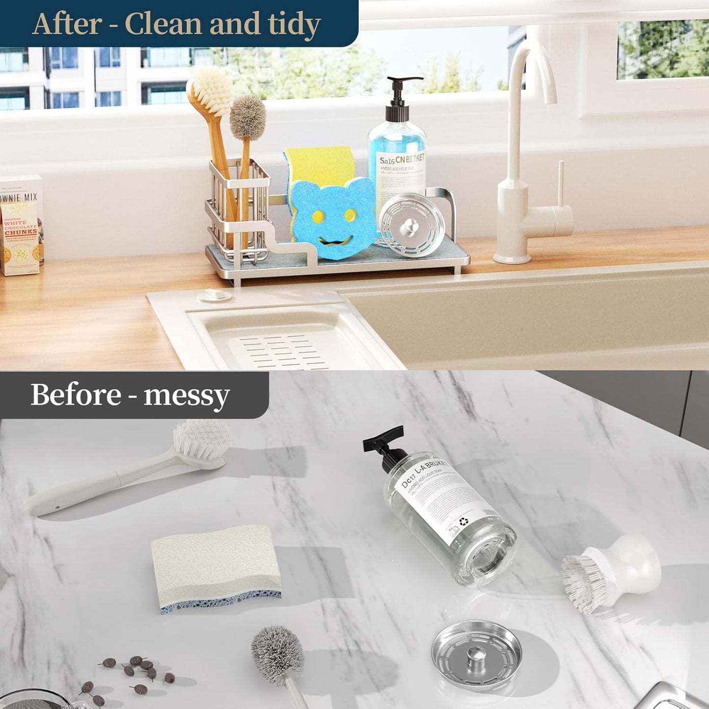 Consumest Sponge Holder for Kitchen Sink - Sink Caddy Organizer with Water Absorbing Stone Tray, Detachable Brush Holder, Stainless Steel Kitchen Counter Organizer Rack, Sand Nickel