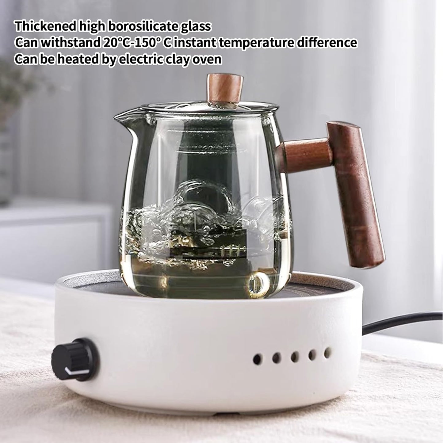 Glass Teapot,18.6oz/550ml Glass Tea Kettle With Wooden Handle,Stovetop & Microwave Safe Glass Borosilicate Teapot,Teapot With Infuser