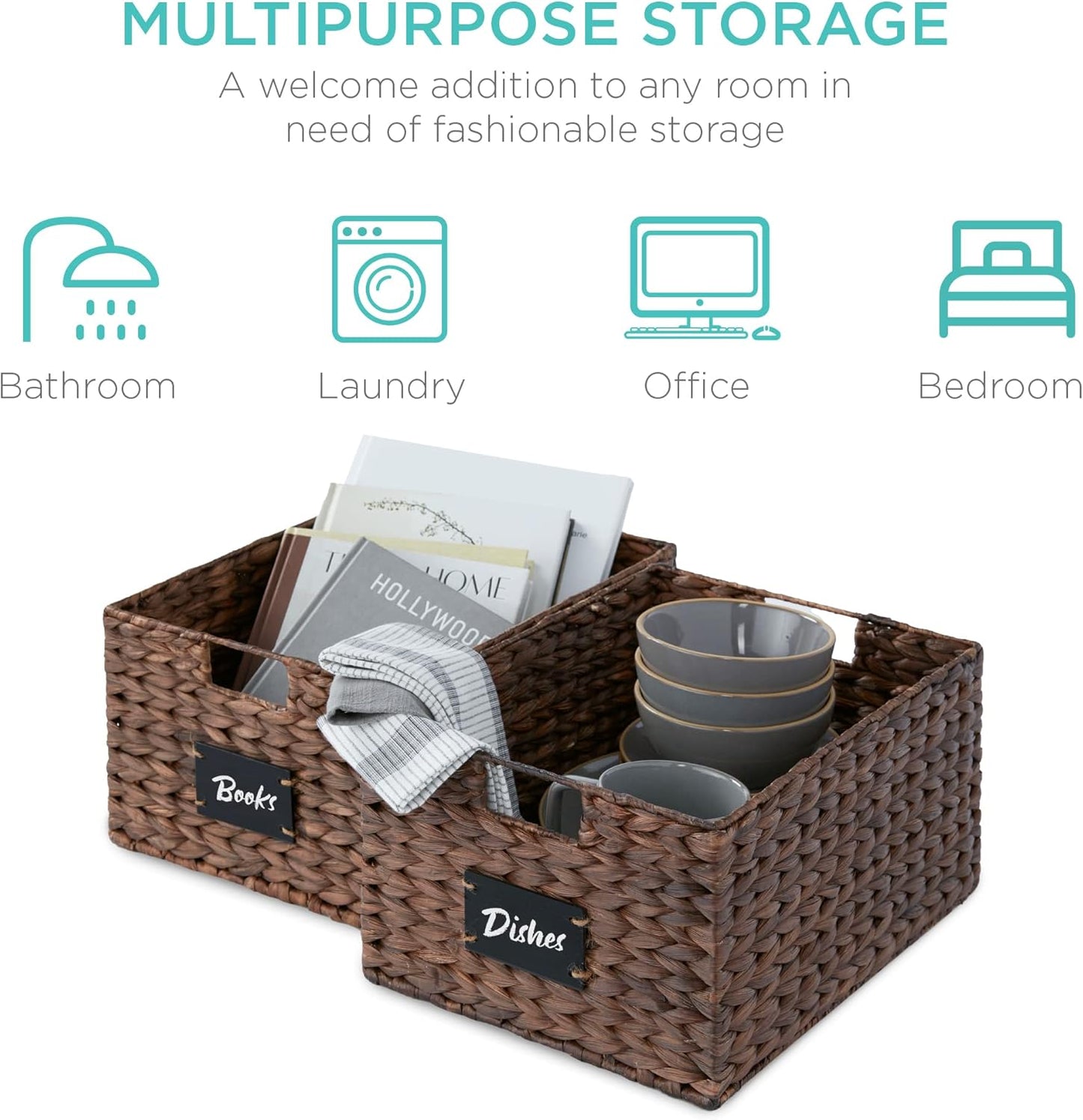 Best Choice Products Pantry Baskets Set of 2 16x12in Water Hyacinth Storage Baskets, Woven Wicker Kitchen Organizers with handles w/Chalkboard Label Chalk Marker - Brown