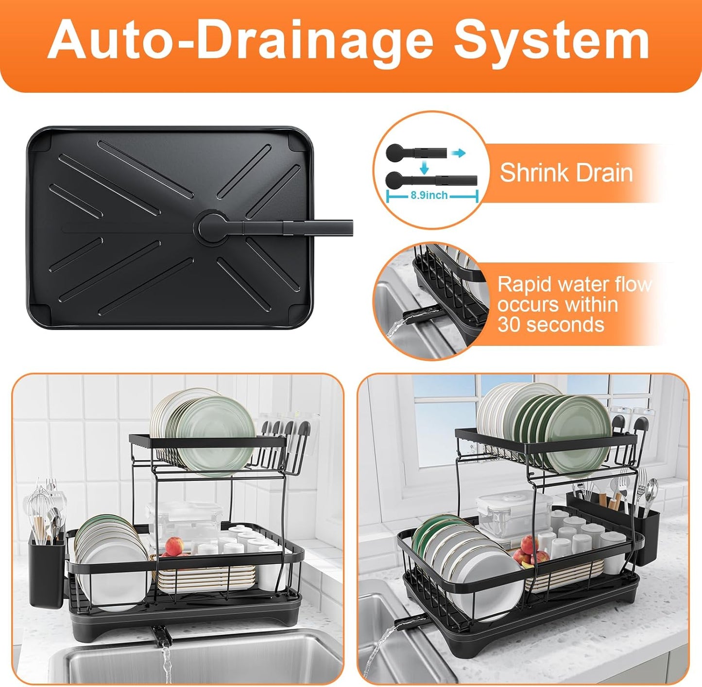 Dish Drying Rack Two-Tier Drying Rack with Utensil Holder, Auto-Draining Dish Rack for Kitchen Counter, Large Capacity for Plates, Bowls, Cups, Dish Drainer with Drainboard, Black